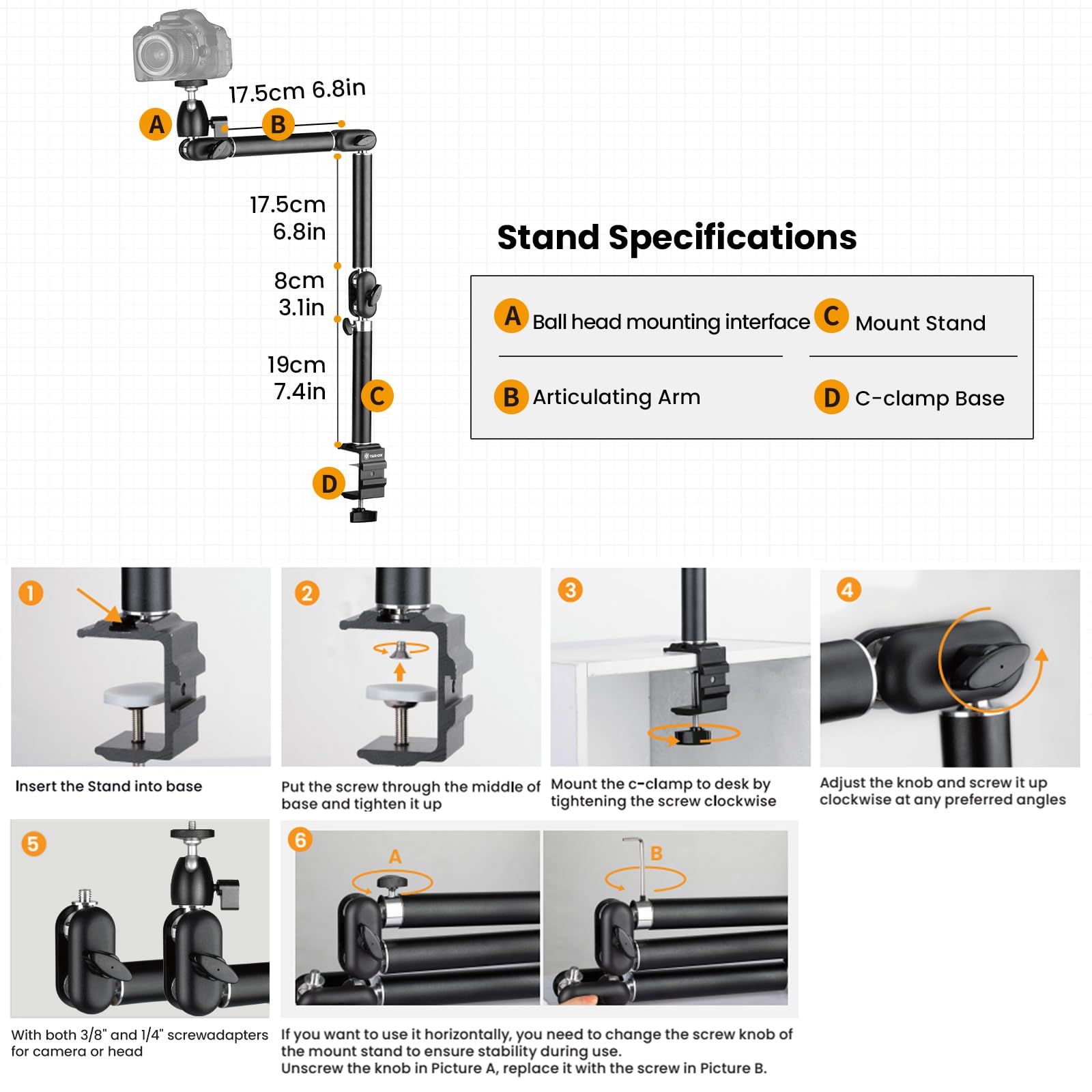 Tarion Top Tripod Camera Desk Mount 360�Flexible Articulating Arm With 3/8'' Screw And 3/8'' To 1/4'' Screw For Dslr Cameras Projector Light Ring (M)
