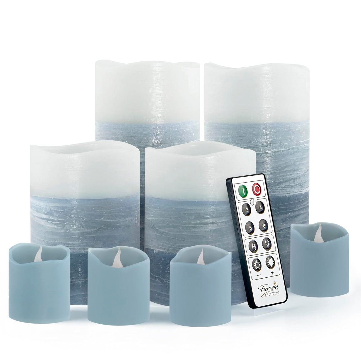 Furora Lighting Blue Ombre Real Wax Flameless Candles With Remote And Timer, 4 Pillars And 4 Votives Pack Of 8, Led Flickering C