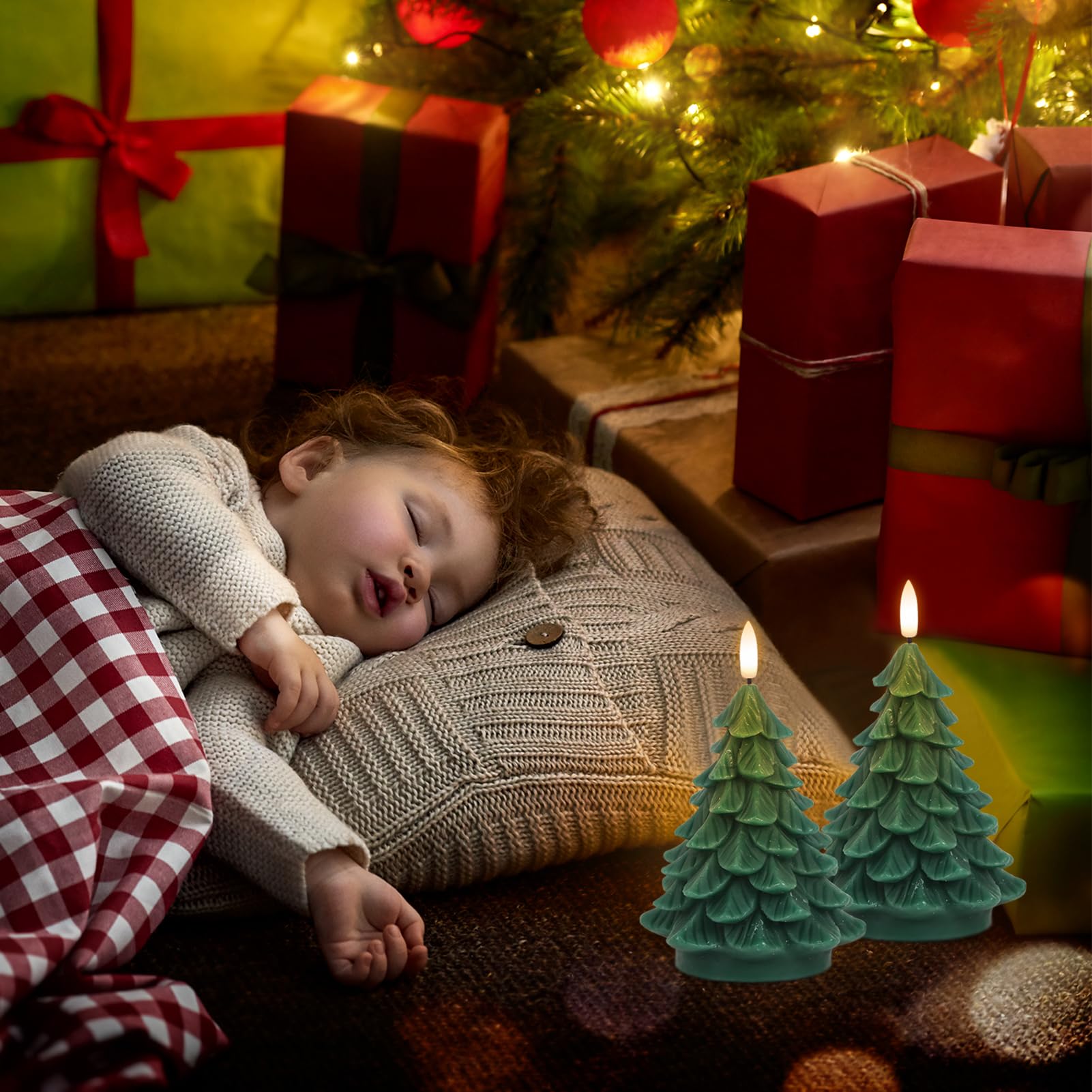 Wondise Christmas Tree Flameless Candles Timer, 2 Packs Green Real Wax Battery Operated 3D Wick Led Flickering Candles Realistic