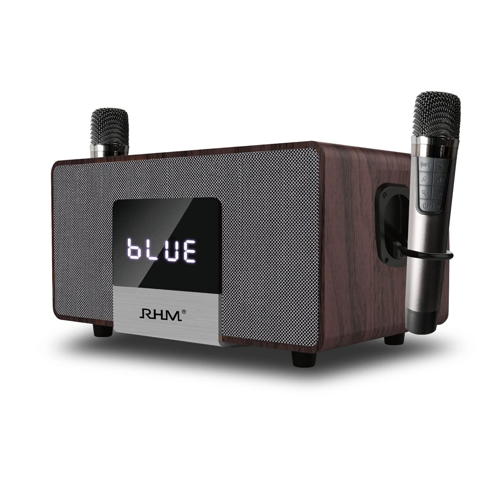 RHM K222 Karaoke Machine with 2 UHF Wireless Microphones & 5 Music Modes, Support Optical/Bluetooth/AUX/USB/PC, Wooden Home Kara