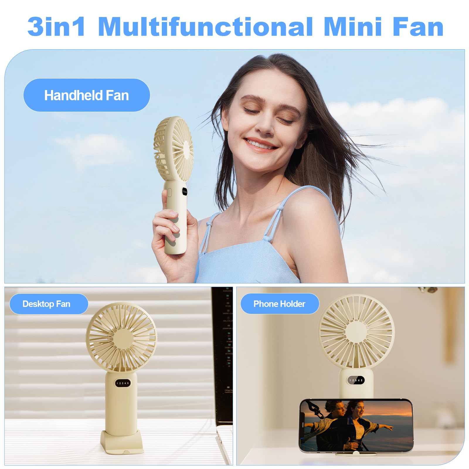 Plilogo Portable Fan, Handheld Fan With Led Display, Personal Fan For 15 Hours Cooling, Small Fan With Powerful Airflow, Recharg