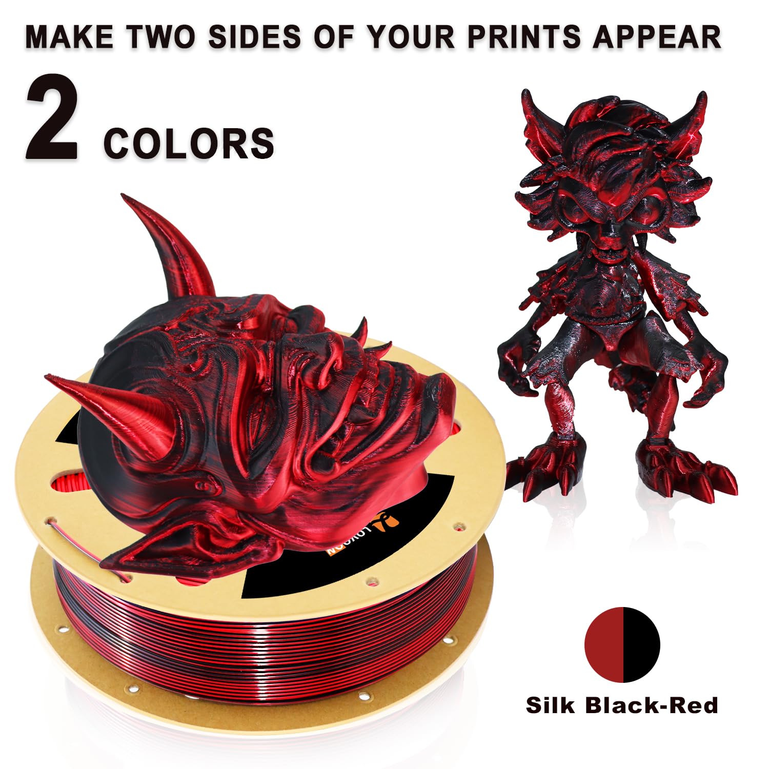 Lovoon Pla Filament 1.75Mm Silk Dualcolors Red Black, Shiny Coextrusion Pla Filament, Color Change By Angle 3D Printing Filament