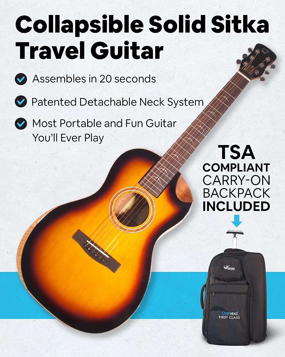 Journey Instruments Solid Sitka Travel Guitar   Fp412 13Bc Traveling Acoustic Electric Collapsible Guitar   Portable Backpack Ca