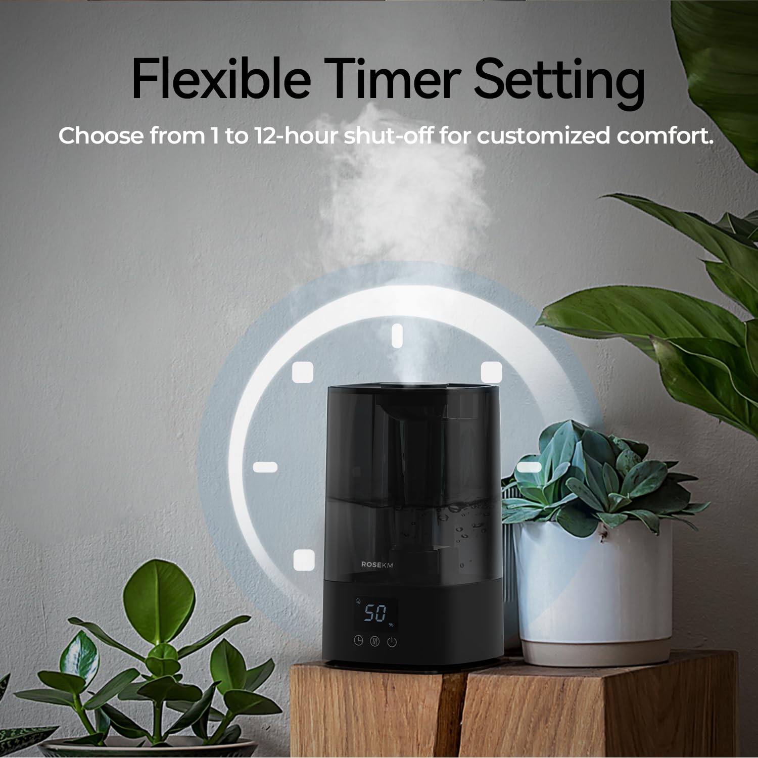 Rosekm Automatic Humidifiers For Bedroom Large Room, 4.5L Cool Mist Humidifier For Home & Plant With Timer & Humidity Sensor, La