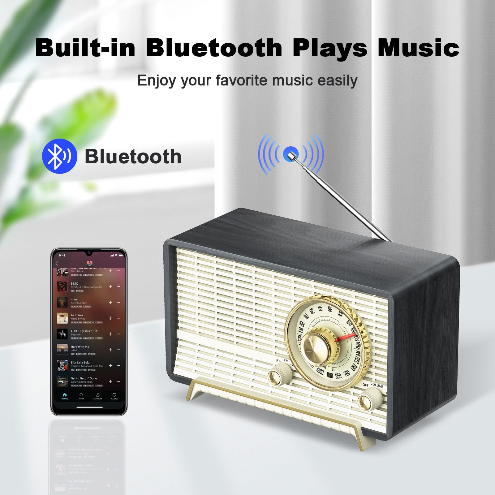 Yowguif Am Fm Radio Classic Retro Wood Table Radio Bluetooth Speakers Radios Plug In Wall With Rotary Knob Great For Home, Offic