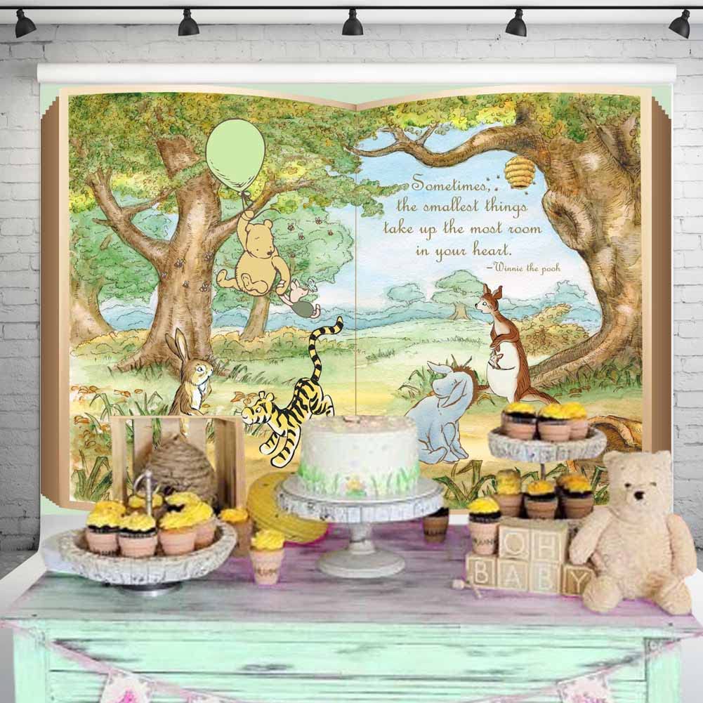 Claasic Pooh Giant Book Backdrop Gender Neutral Baby Shower Decorations Vintage Winnie Bear Green Balloon In Hundred Acre Wood B