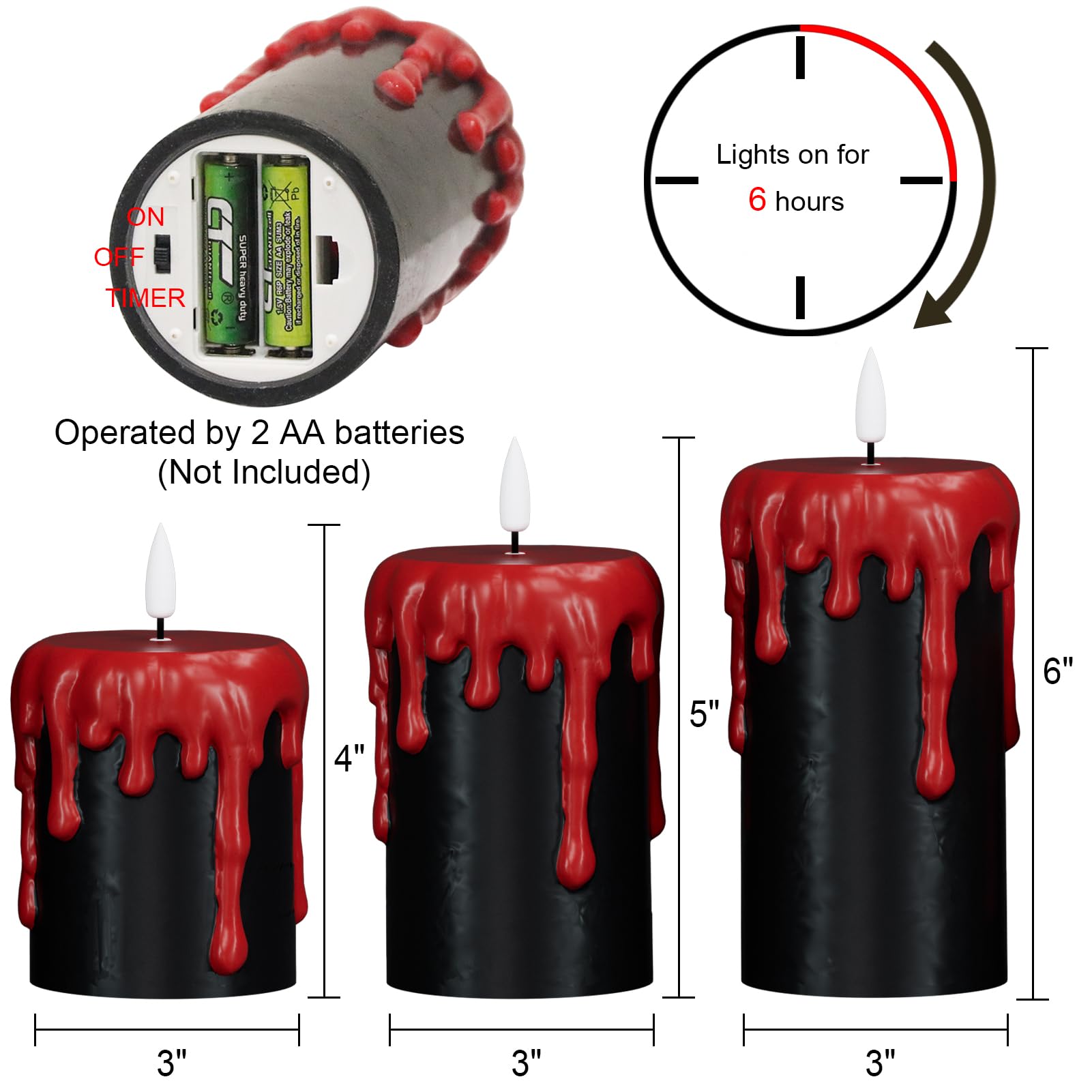 Lasumora Halloween Black Flameless Pillar Candles Flickering With 6H Timer, Battery Operated Led Pillar Candle, 3 Pcs Drip Wax S
