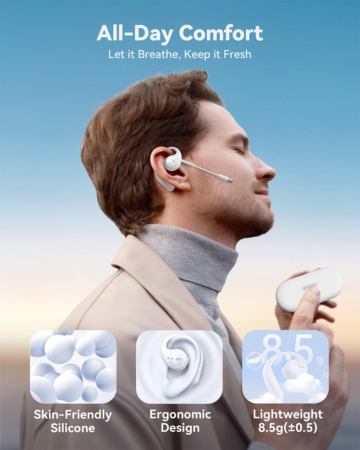 Emeet Airflow Open Ear Headphones With Mic, Bluetooth 5.3 Wireless Headsets With Detachable Microphone, Enc Noise Cancelling, Mu