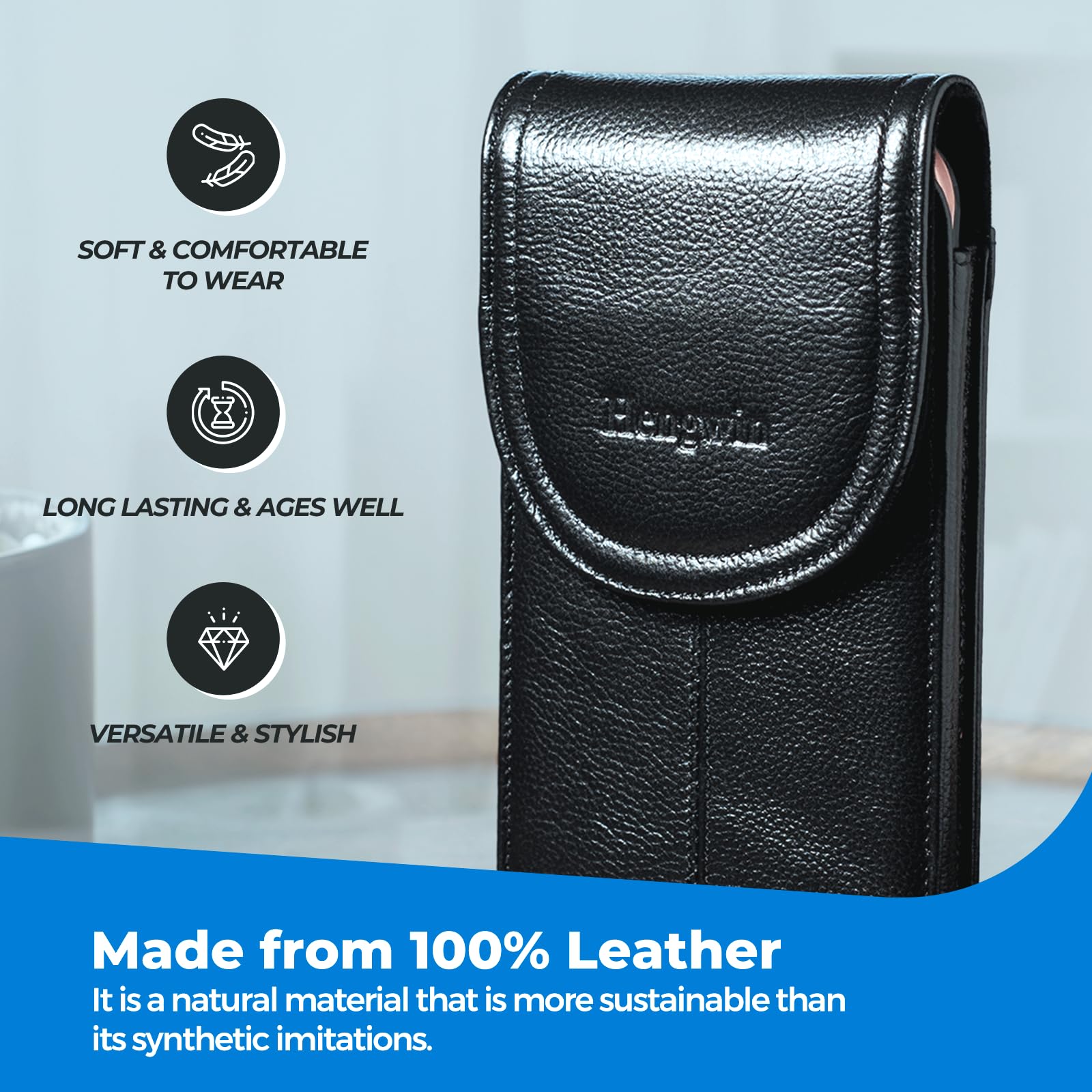 Hengwin Genuine Leather Phone Pouch Fits For Iphone 16 Pro Max 15 Plus 14 Pro Max Samsung Galaxy A54 A12 Note 20 9 8 S23 Plus S2