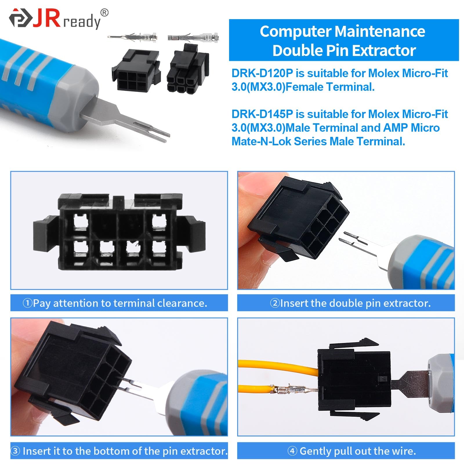 Jrready St5253 04 Molex Pin Extractor Kit Mini Fit Jr. Extraction Molex Micro Fit 3.0 Terminal Release Tool 3P 4P Pc Fan Connect