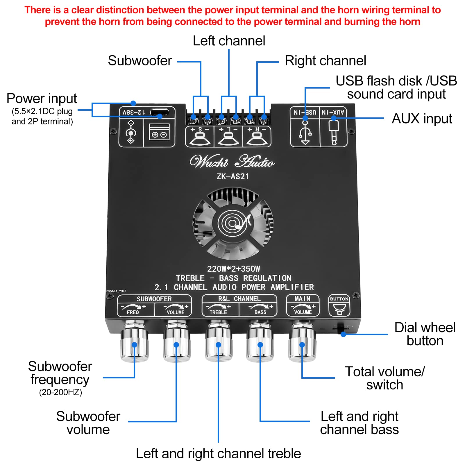 Bluetooth Power Amplifier Board Stereo   Hifi 2.1 Channel 2X220W+350W Bluetooth 5.1 16 32V Digital Power Audio Amplifier Module Subwoofer Control With Aux/Bluetooth/Usb Flash Drive (Zk As21)
