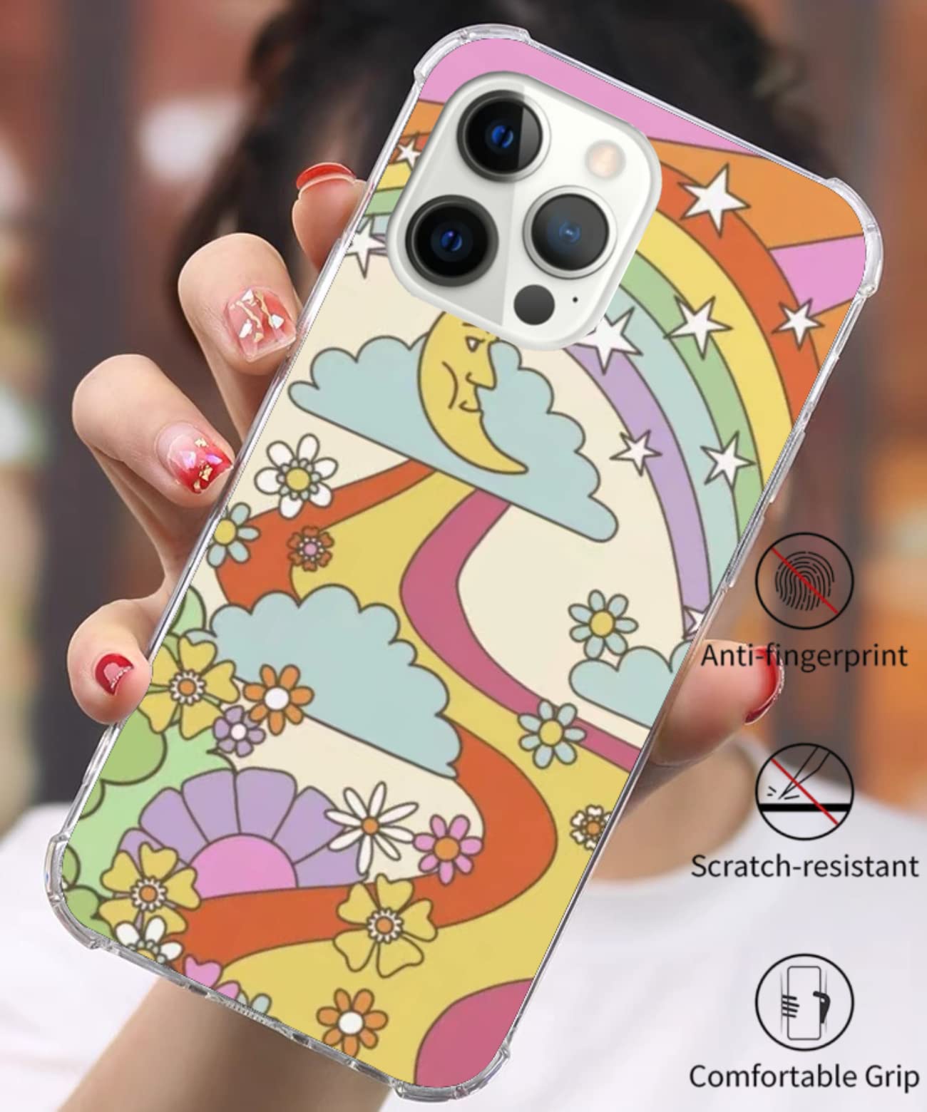 WidofvSpky iPhone 12/12 Pro Phone Case Rainbow Flowers Peace Signs Retro TPU