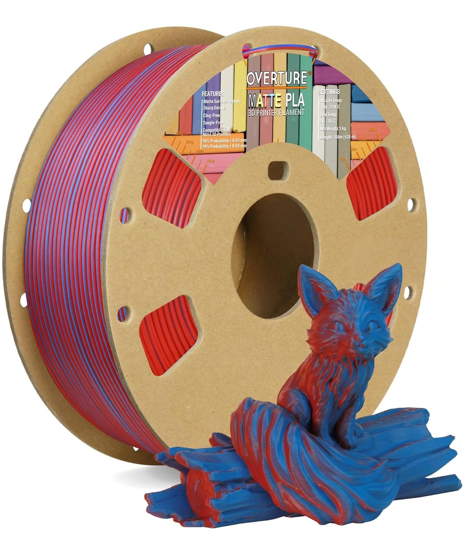 OVERTURE Dual Color Matte PLA 3D Printer Filament 1.75mm, Matte PLA 1kg Cardboard Spool (2.2lbs), Dimensional Accuracy +/- 0.02 