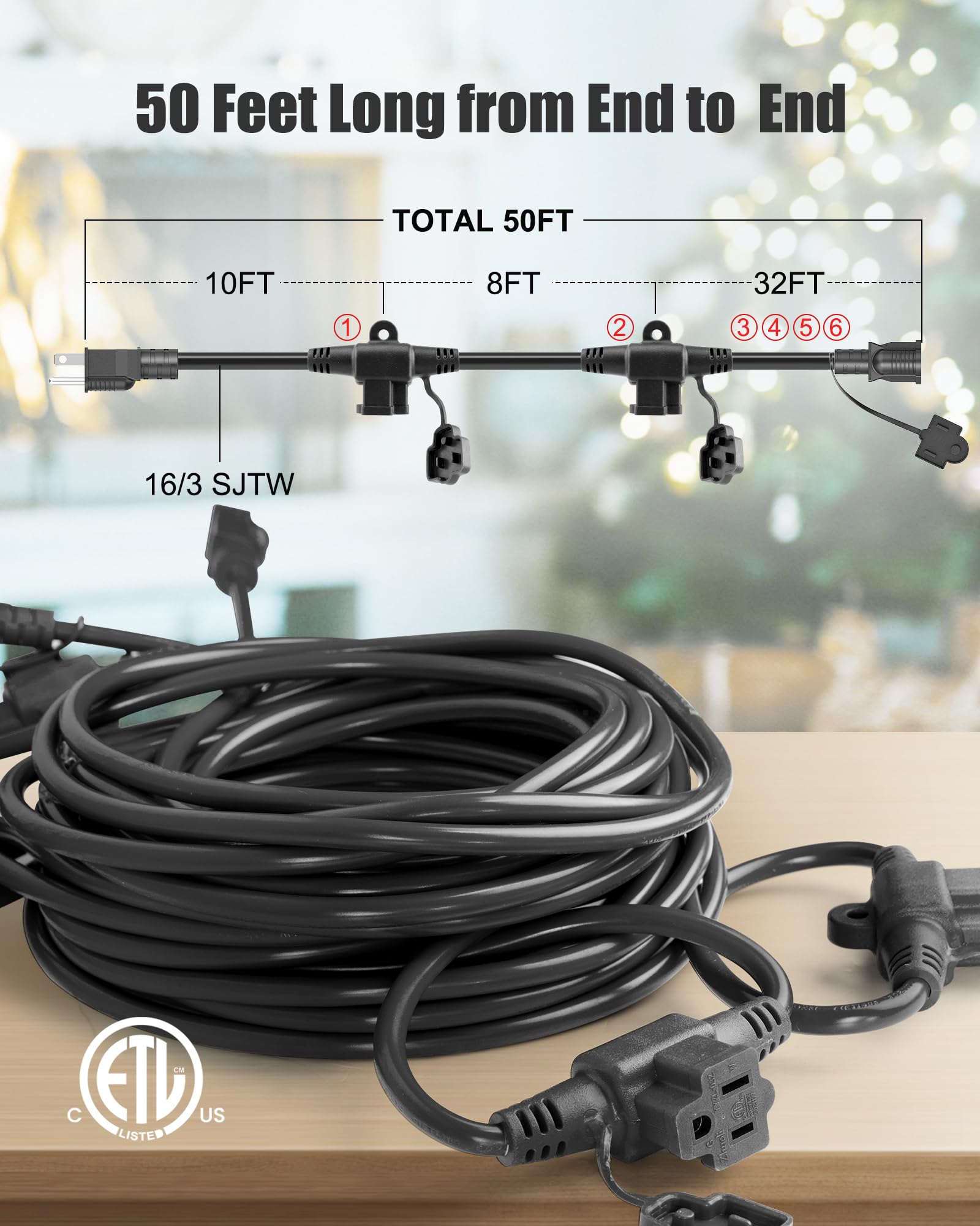 Brightown Outdoor Extension Cord Multiple Outlet, 50 Ft Christmas Light Extension Cord Evenly Spaced 6 Outlets Plugs With Safety