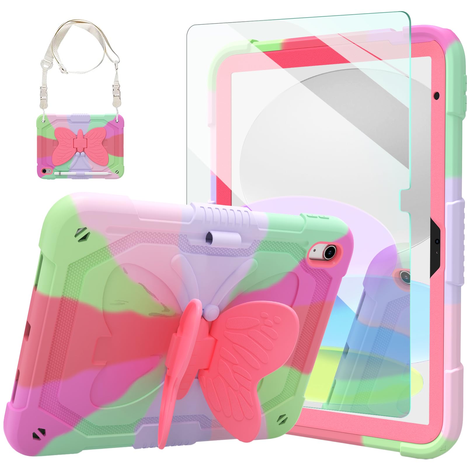 Ambison Case For Ipad 10Th Generation 2022 10.9 Inch For Kids Girls,With 9H Tempered Glass Screen Protector, Rugged Heavy Duty Shockproof Protective Case With Butterfly Stand,Carrying Strap Rose Red