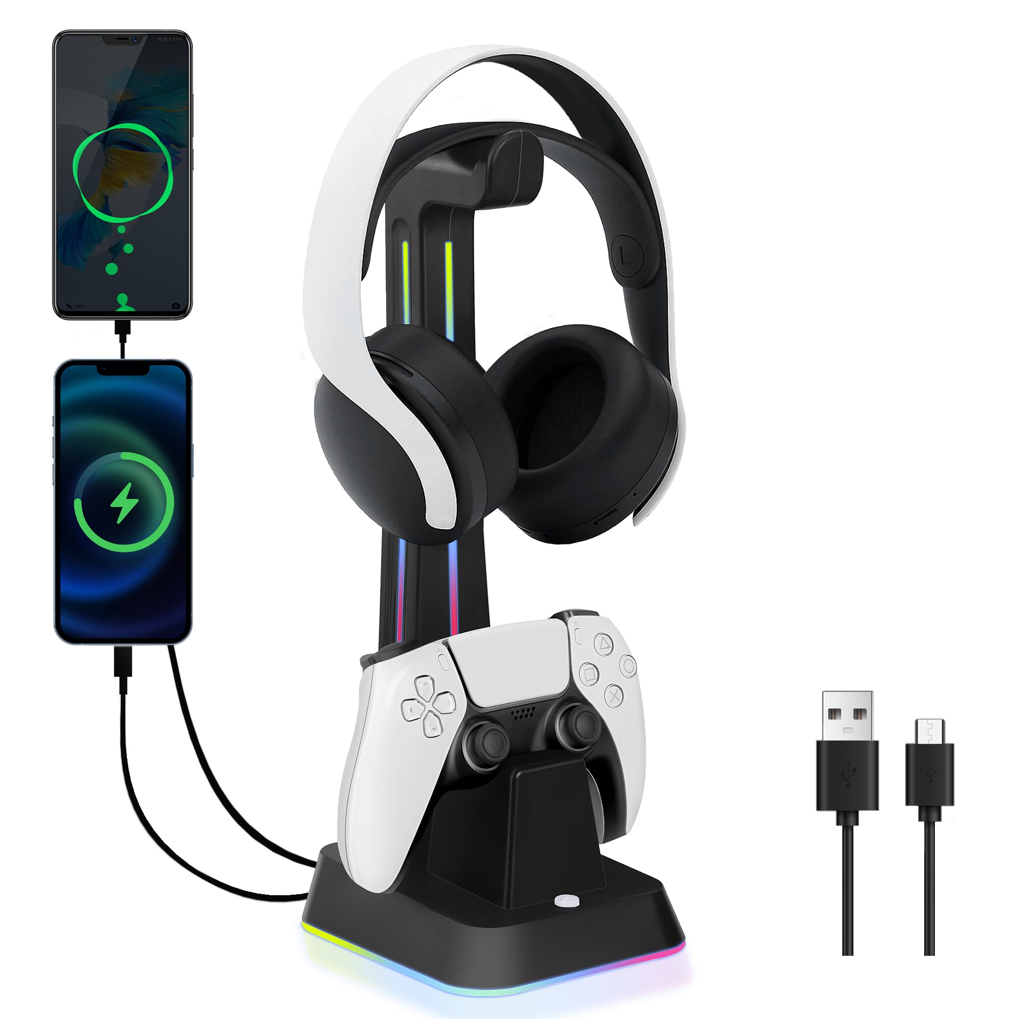 Jdgpokoo Ps5 Controller Charger Station With Rgb Headphone Stand, Ps5 Controller Charging Station With 2 Usb Port, Headset And C