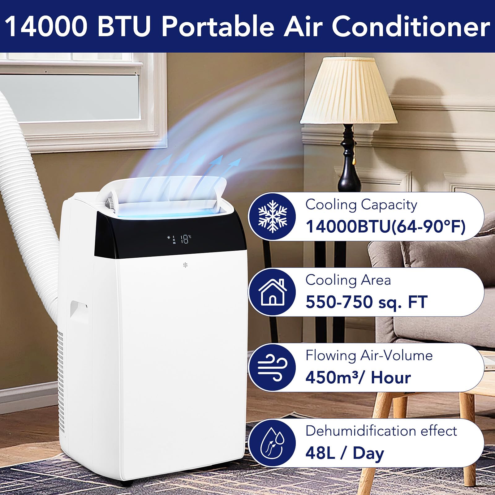 14,000 Btu Portable Air Conditioner Cools Up To 750 Sq.Ft, 3-In-1 Quiet Portable Ac Unit With Remote Control & Installation Kits