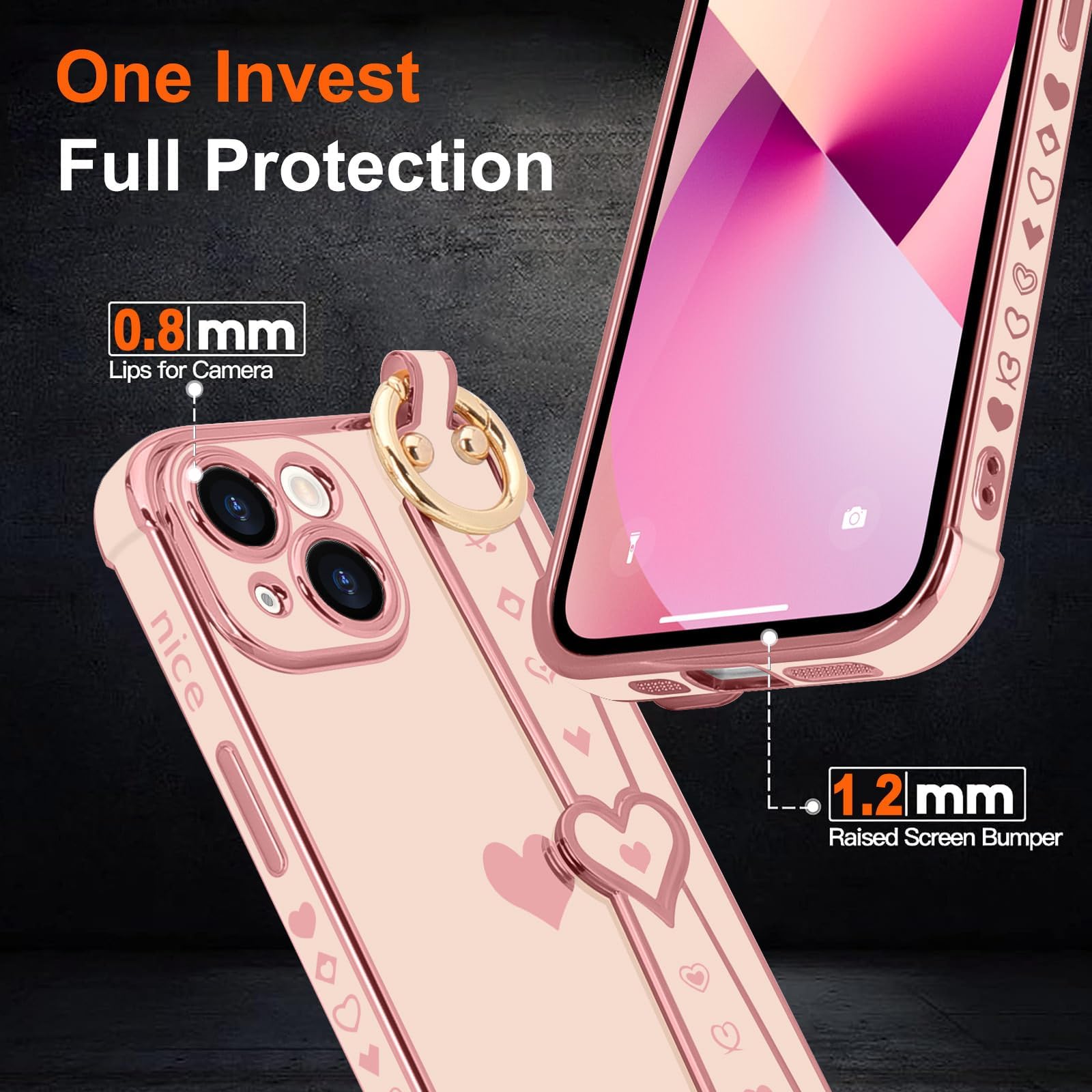 Llz.Coque For Iphone 13 Case Cute Love Heart Plating Strap Phone Cover For Women Girls Bling Soft Silicone Camera Lens Protectio
