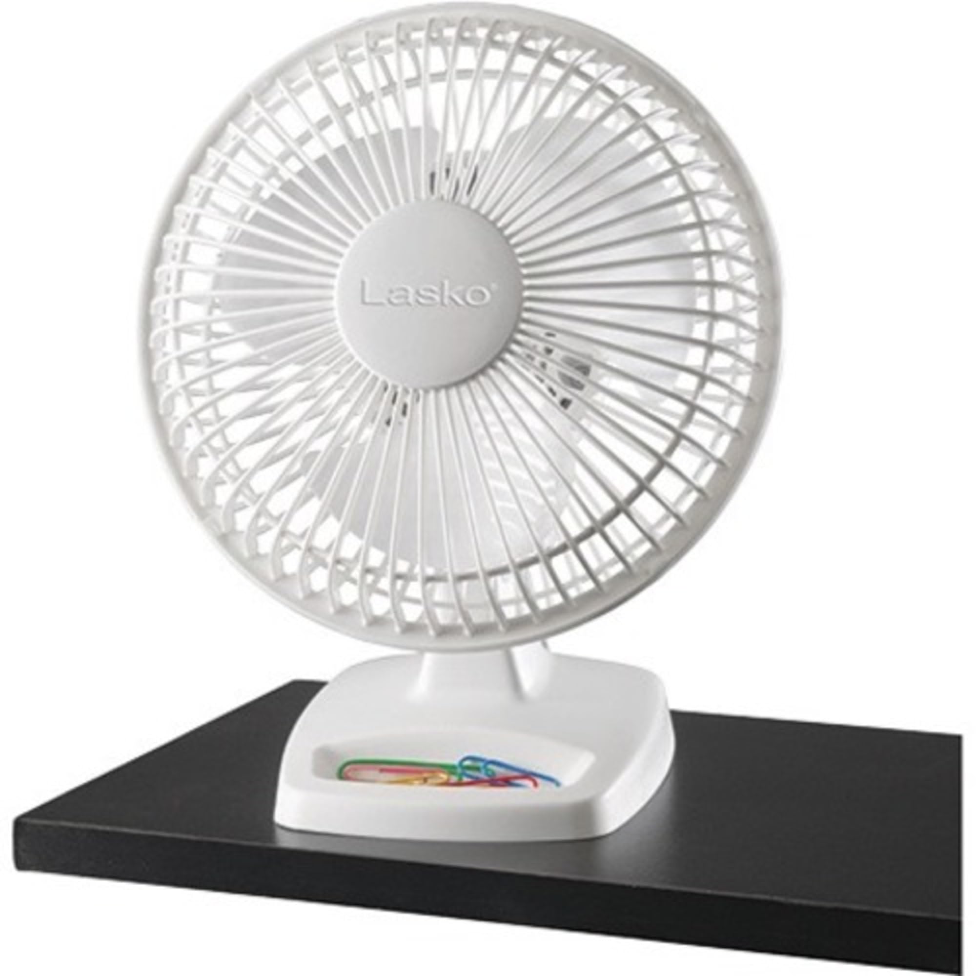 Lasko Personal Table Fan With Storage Tray, 2 Quiet Speeds, Tilt Back Fan Head For Home Office, Bedroom, 6'', White, 2002W