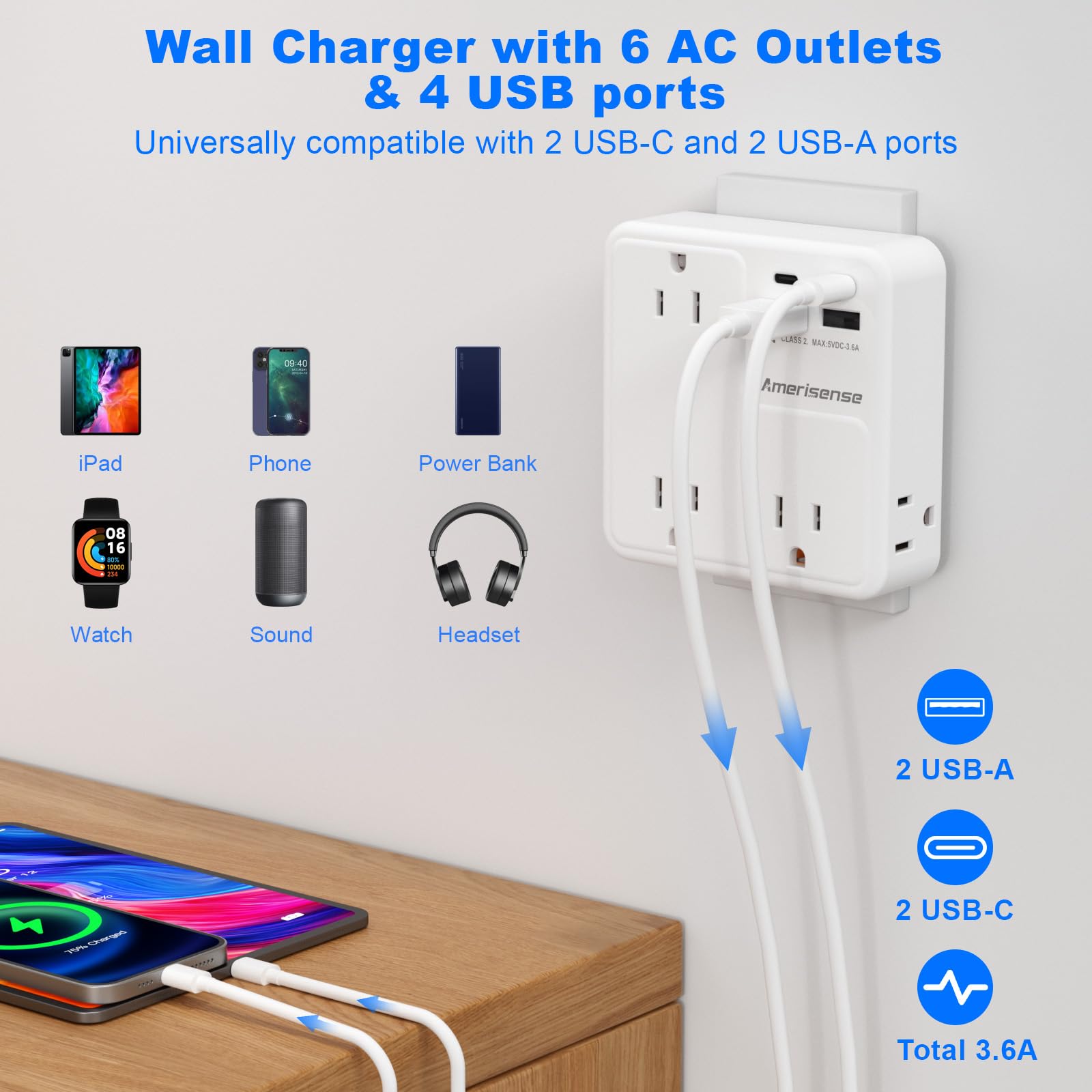 Multi Plug Outlet Extender With Usb, Amerisense 900J Wall Charger With 6 Ac Outlets & 4 Usb Ports (2 Type C & 2 Type A Ports), S