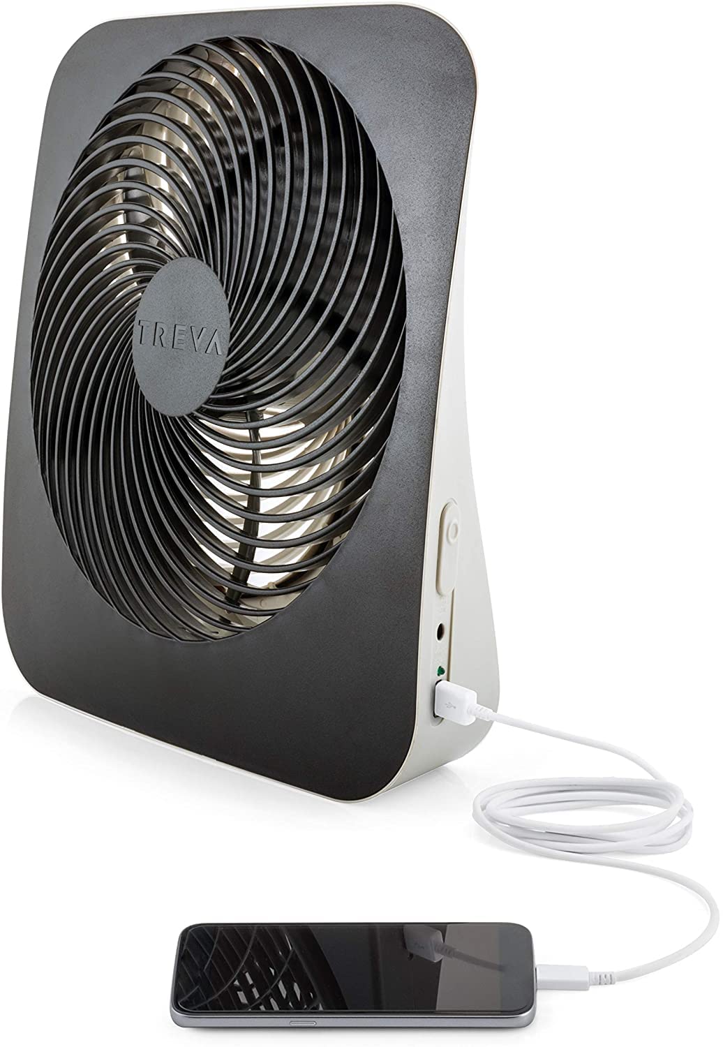 Treva 10-Inch Portable Desk Battery Fan, Powered by Battery and/or AC Adapter - Air Circulating with 2 Cooling Speeds, With Buil
