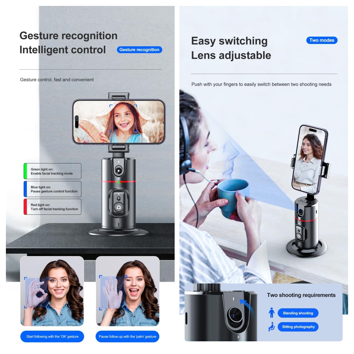 Auto Face Tracking Tripod Remote Control, No App,Smart Tracking Phone Holder,360 Rotation Face Body Phone Camera Mount Gesture C