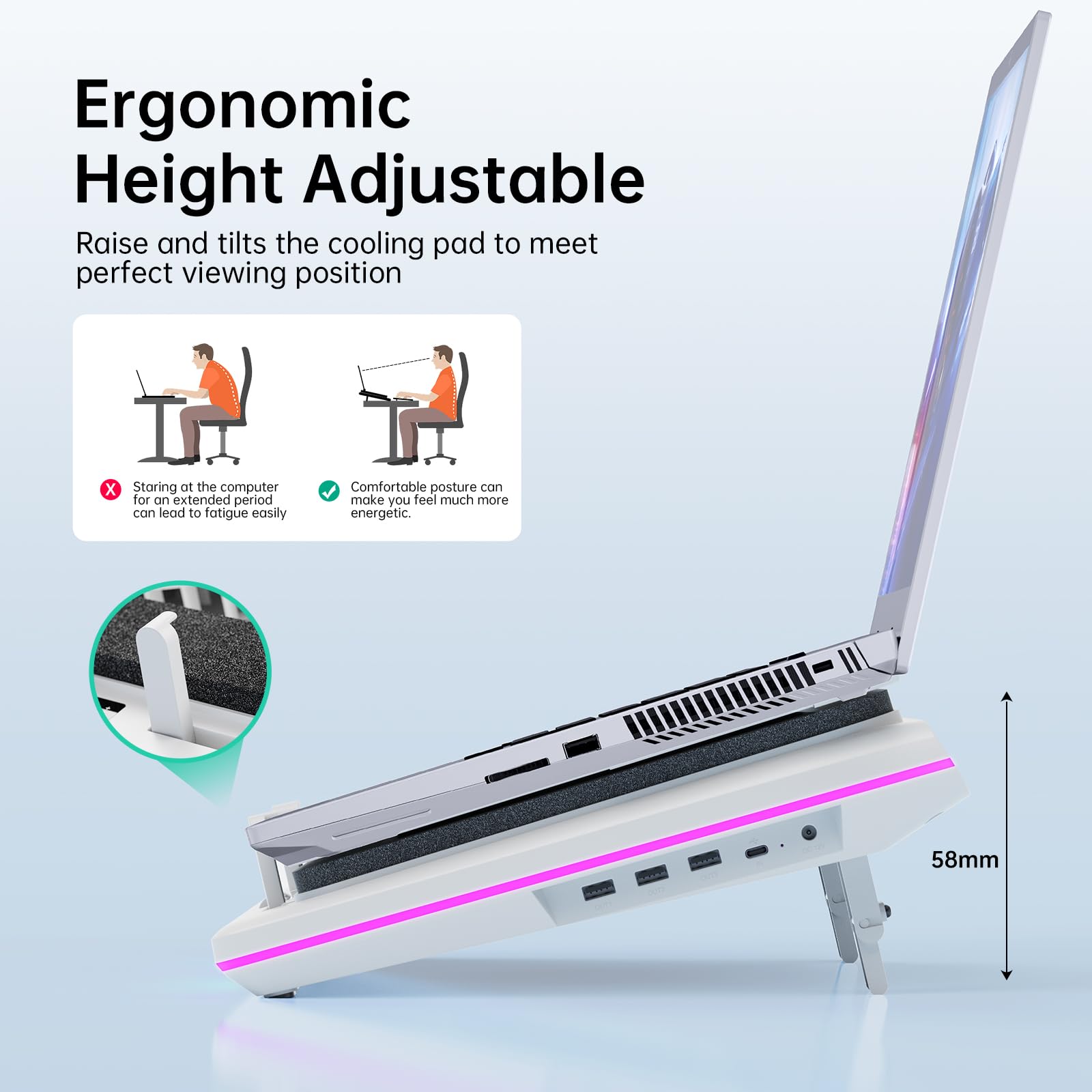Llano Rgb Laptop Cooling Pad, White, Powerful Turbofan, Quiet Cooling, Touch Control, Lcd Screen, Seal Foam, 15 19In Laptops