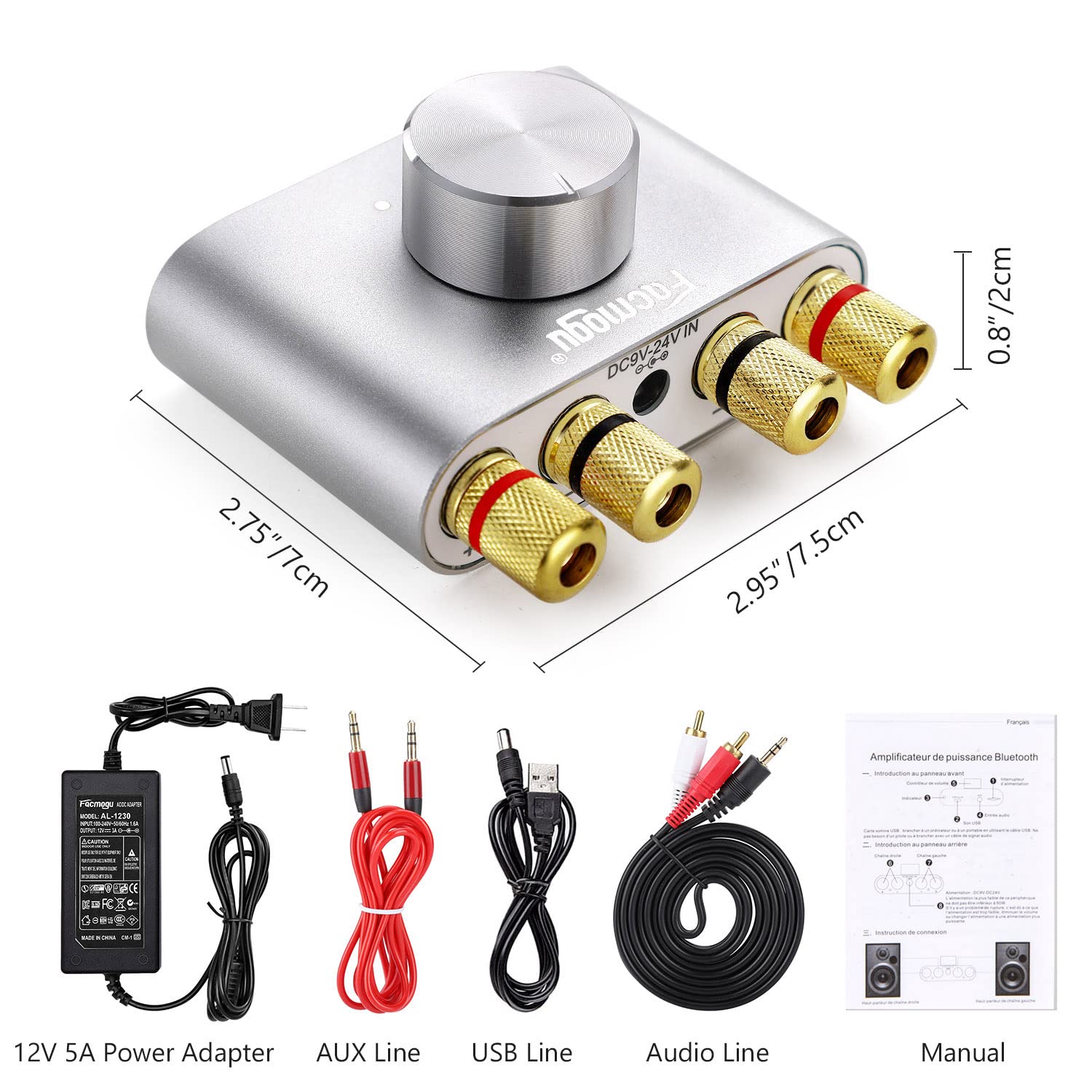 Facmogu F900S 160W Bluetooth 5.0 Mini Amplifier, 80Wx2 2.0Ch Audio Power Amplifier, Hi Fi Stereo Sound Digital Amp Wireless Speaker Amp Receiver W/Aux/Usb/Bt Input & 12V 5A Power Adapter   Silver