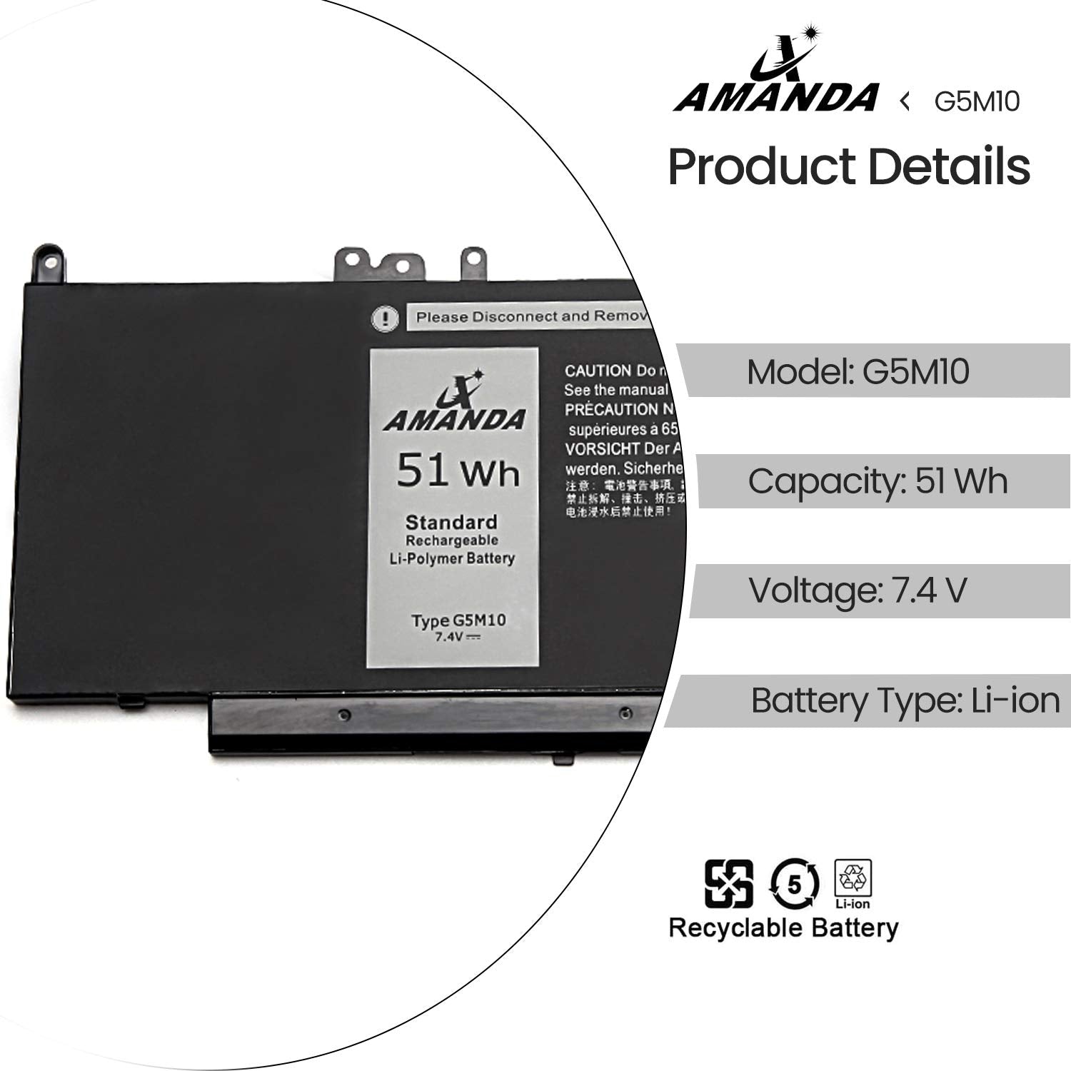 A Amanda G5M10 Battery 7.4V 51Wh Replacement For Dell Latitude E5550 E5450 Notebook 15.6 Inch 0Wyjc2 8V5Gx