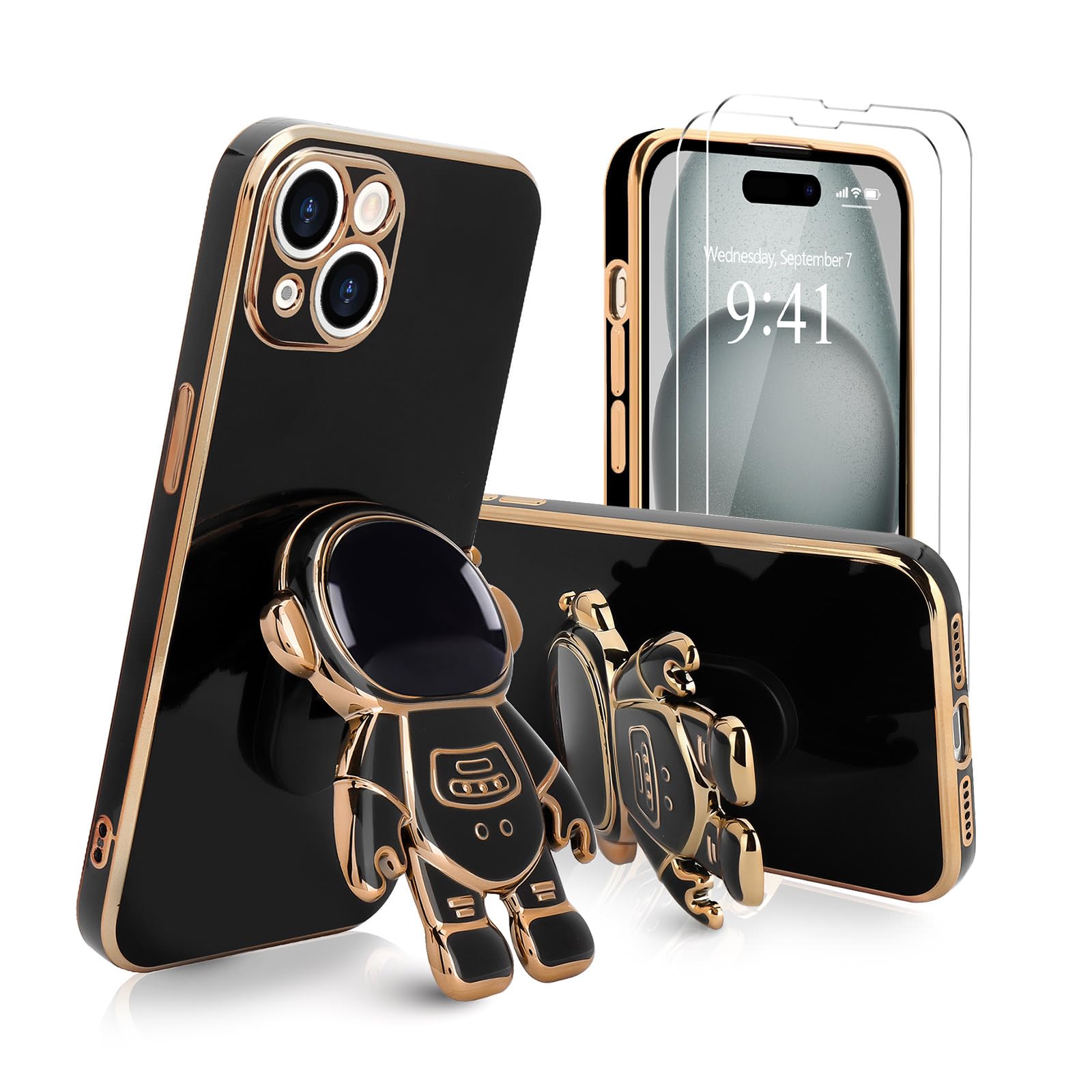 Pepmune For Iphone 15 Case, Cute 3D Astronaut Stand With [2 Screen Protector] [Camera Protection] Kickstand Shockproof Bling Sil
