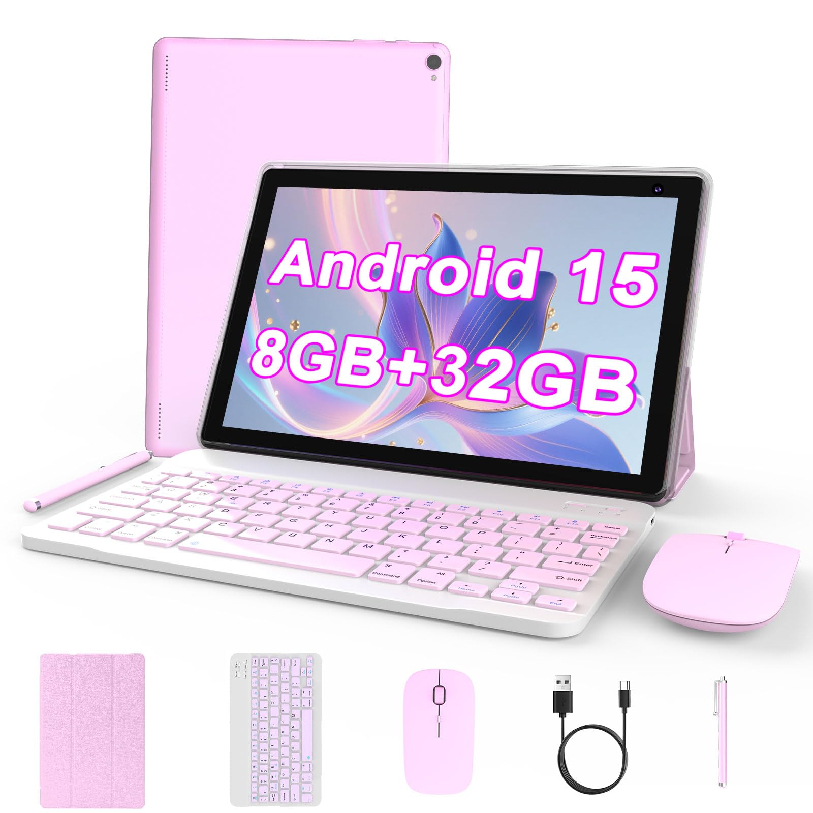 Android 15 Tablet 10 inch, 2 in 1 Tablet with Keyboard, 8GB RAM+32GB ROM Support 1TB Expandable Tablets PC, Quad-Core CPU, HD Sc