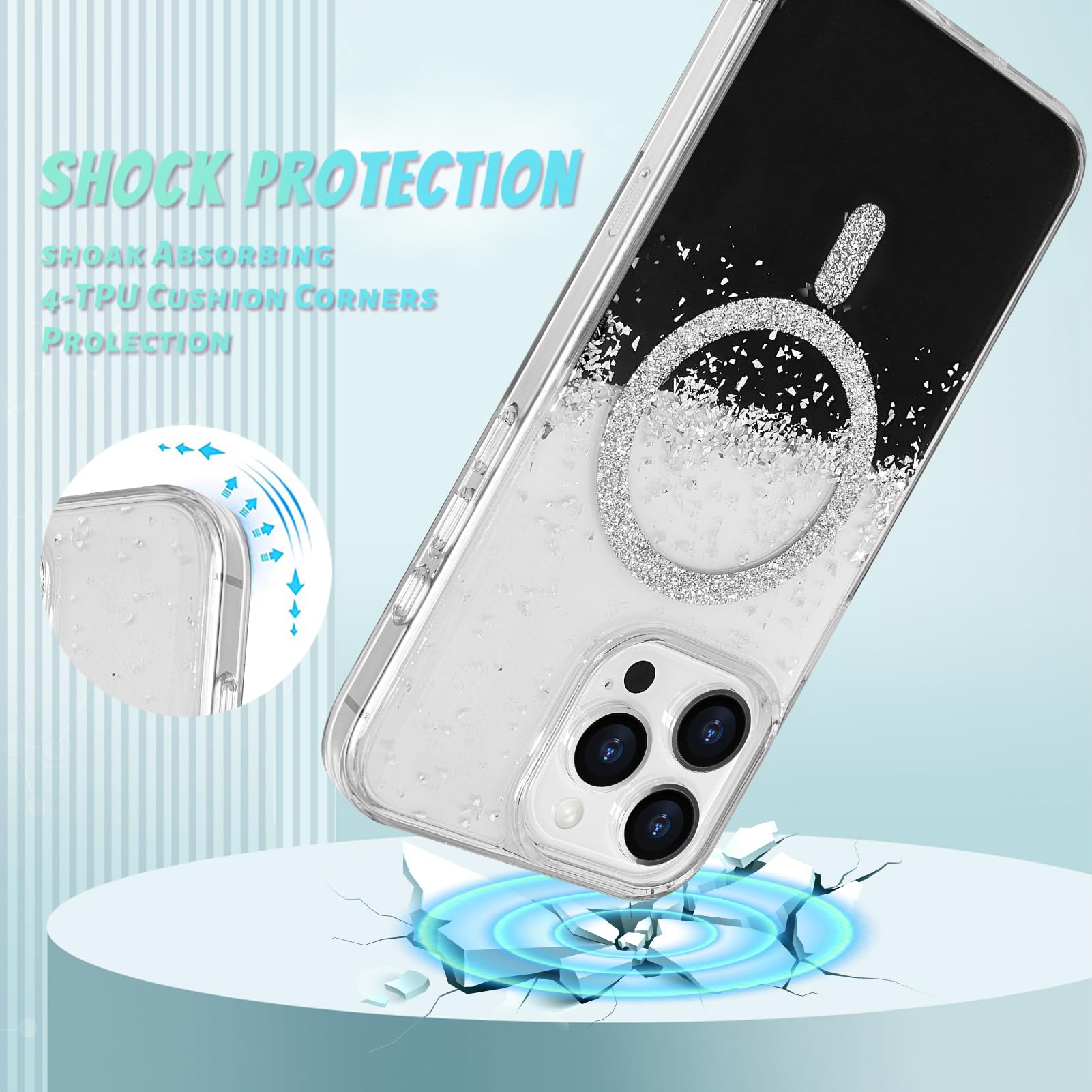 Bonoma For Iphone 16 Pro Case, Sparkly Glitter Bling Back, Magnetic Support For Magsafe Shockproof Case, Crystal And Clear High