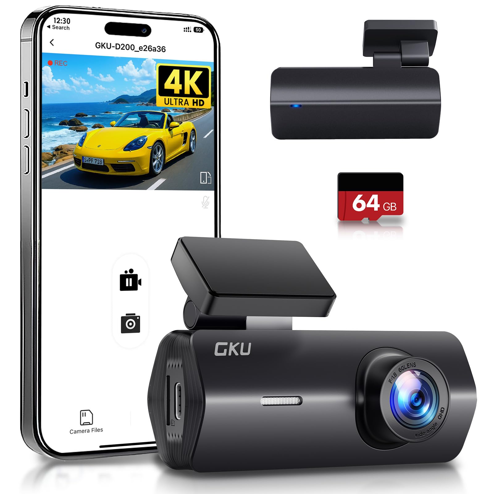 GKU 4K Dash Cam,Dash Cam Front with UHD 2160P, DashCam Built-in WiFi, 24H Parking Monitor,Night Vision,WDR,170 Wide Angle,Loop R