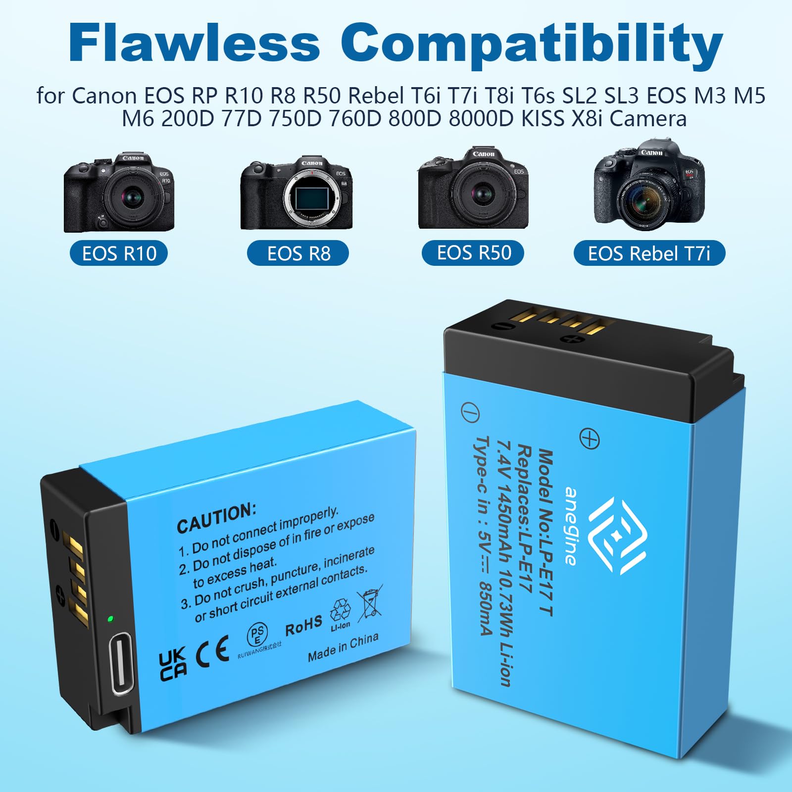 Anegine Lp E17 Battery 1450Mah And 2 In 1 Usb C Charging Cable For Canon Eos R10/R50/Rp/R8, Rebel Sl3/Sl2/T8I/T7I/T6I/T6S, Eos M