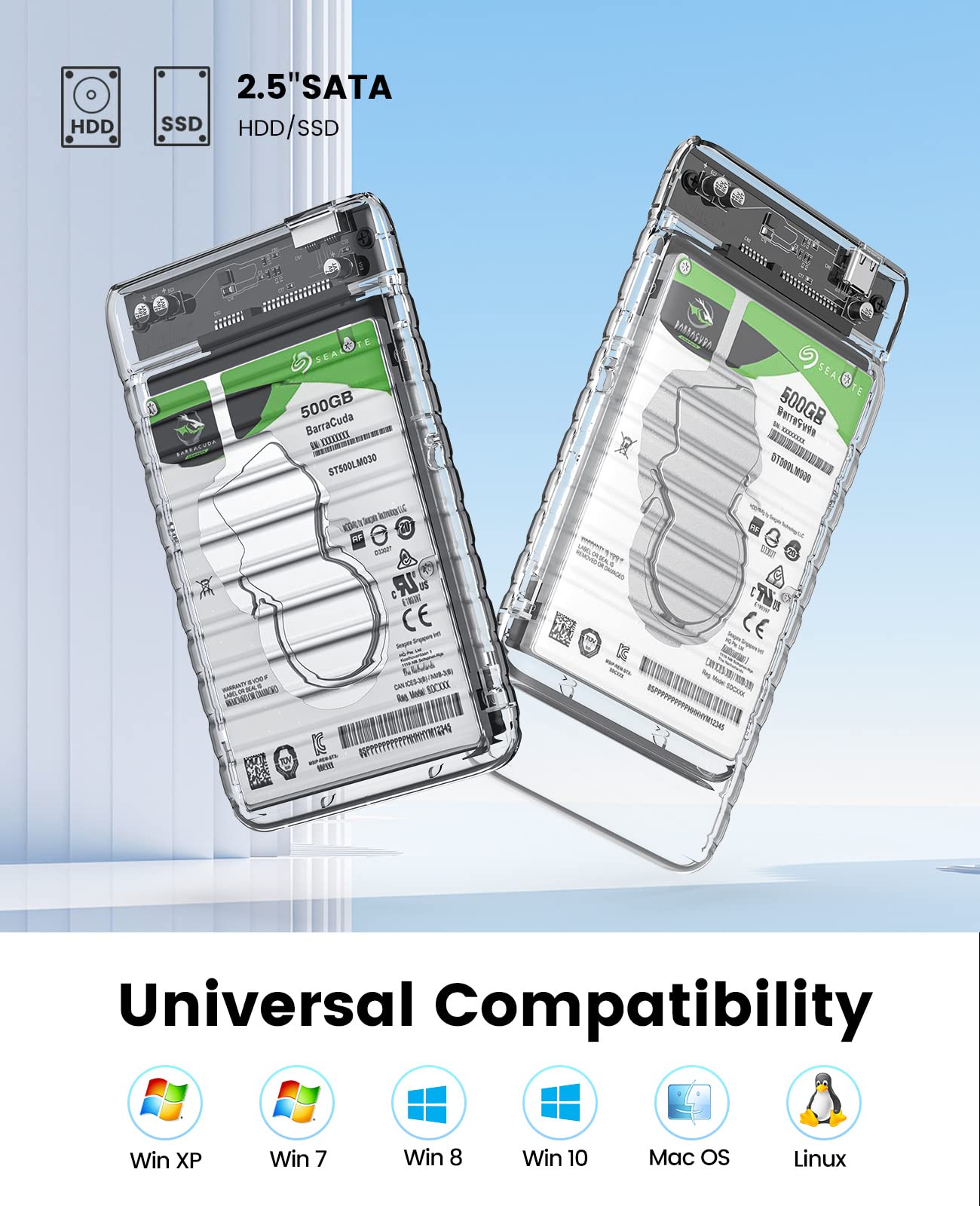 ORICO 2.5 inch Hard Drive Enclosure USB C to SATA III 6Gbps Clear External Hard Drive Case for All 7mm 9.5mm 2.5 inch SATA SSD HDD Up to 6TB, Tool Free, Support USB 3.2 Gen 2 UASP (2139C3)