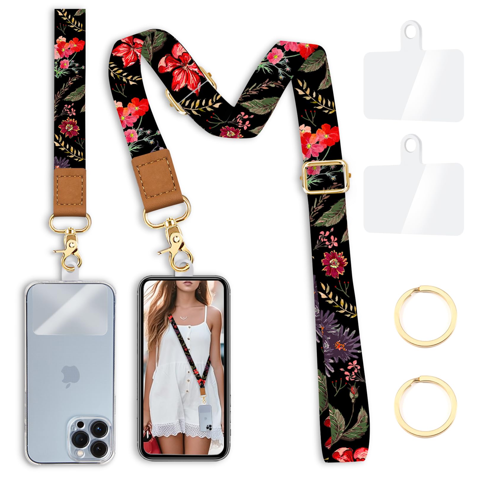 Cell Phone Lanyard Crossbody With Wrist Strap, Flower Phone Lanyards For Around The Neck Wristlet Adjustable Phone Strap, Floral