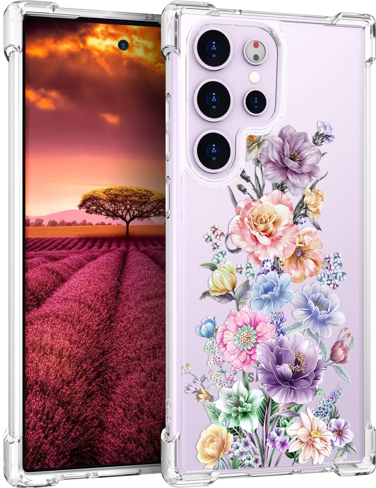 Topgraph Case Flower Floral Cute Clear For Women Girly Girls For Galaxy S23 Ultra, Transparent Phone Case Floral Design Compatib