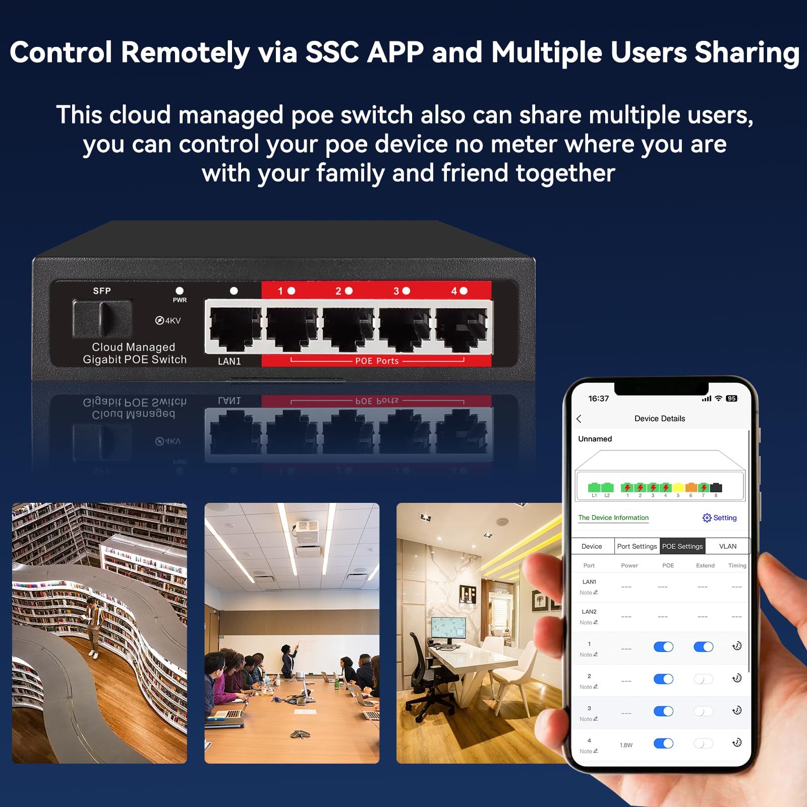 Poe Switch, 5 Port Gigabit Poe+ Switch, Cloud Managed Gigabit Ethernet Switch, 4 Poe Ports @52W, 1 Uplink Ports, 1 Sfp Slot, App