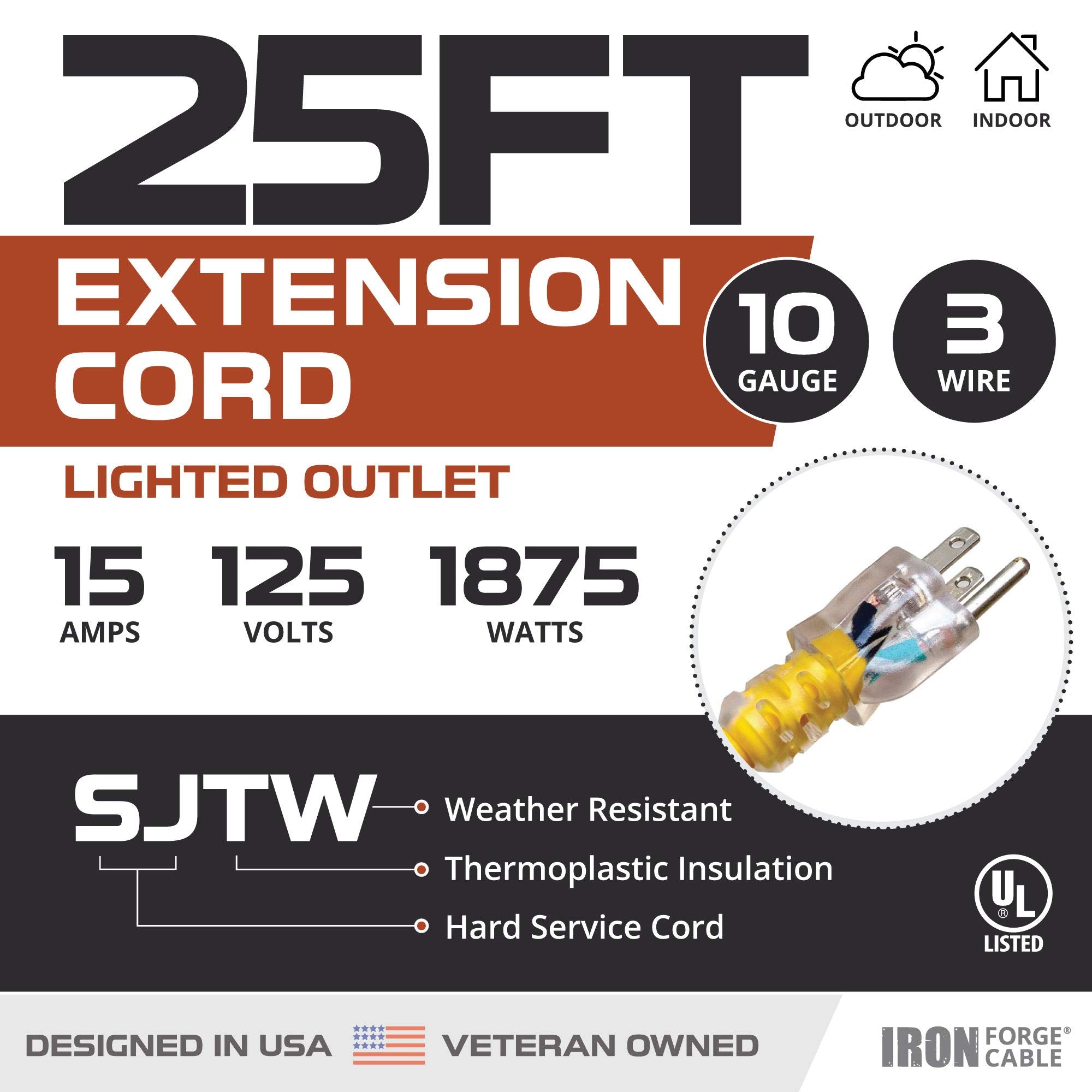 Iron Forge Cable 10 Gauge Extension Cord 25 Ft, 10/3 Heavy Duty Extension Cord Outdoor 3 Prong, Weatherproof Yellow Power Cable 15 Amp Great For Major Appliances, Us Veteran Owned