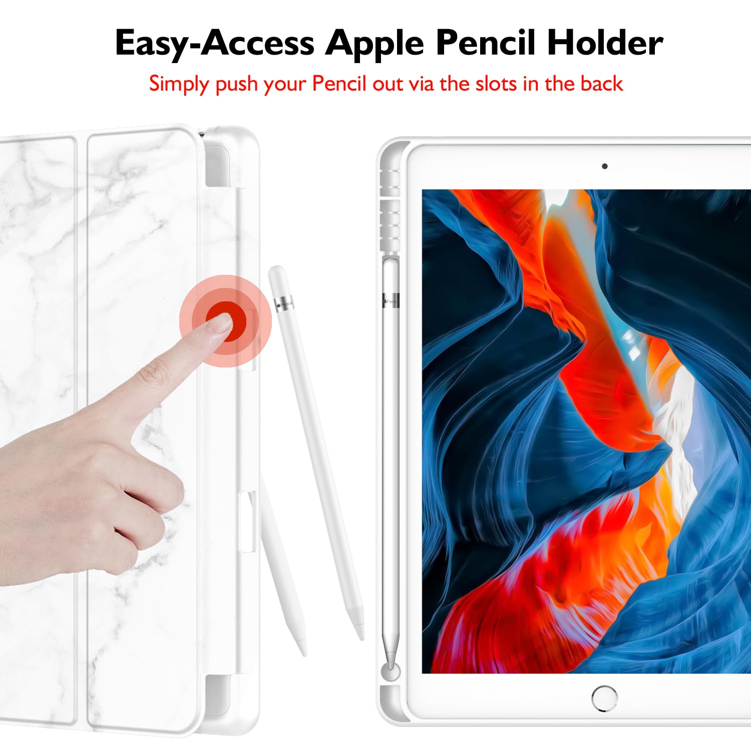 Imieet Ipad 9Th Generation Case 2021/Ipad 8Th Generation Case 2020 10.2 Inch With Pencil Holder, Ipad 7Th Gen 2019 Case With Soft Baby Skin Silicone Back, Auto Wake/Sleep Cover (Marble White)