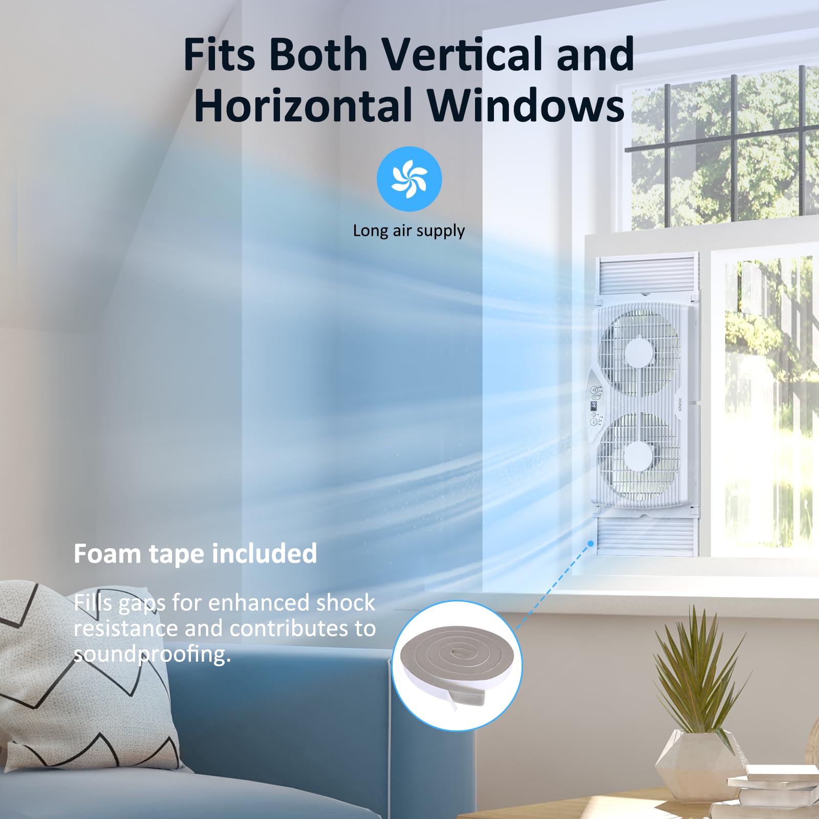 Shinic Twin Window Fan With Remote, 9 Inch Blades Reversible Airflow, Thermostat Control, 3 Speeds, 3 Functions, 23.8'' 37'' Exp