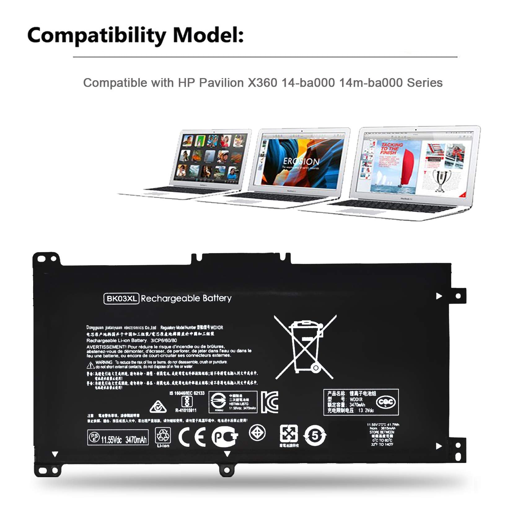 Emaks Bk03Xl Battery For Hp Pavilion X360 14 Ba000 14M Ba000:14M Ba011Dx 14M Ba013Dx 14M Ba015Dx 14M Ba114Dx 14 Ba253Cl 14 Ba125