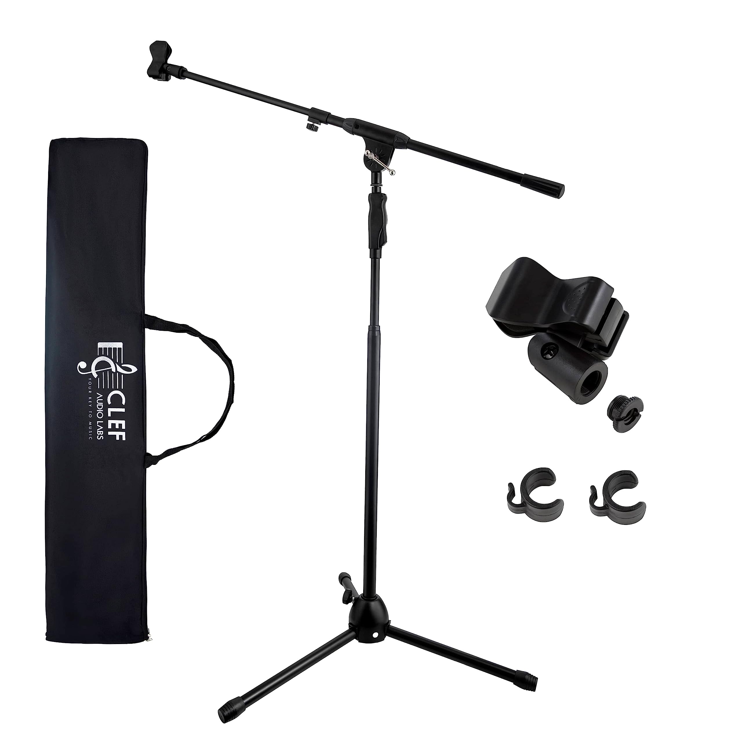 Clef Audio Labs Tripod Mic Stand, One-Handed Clutch Height Adjustment and Telescopic Boom Arm - Cable Management Clips, Universa