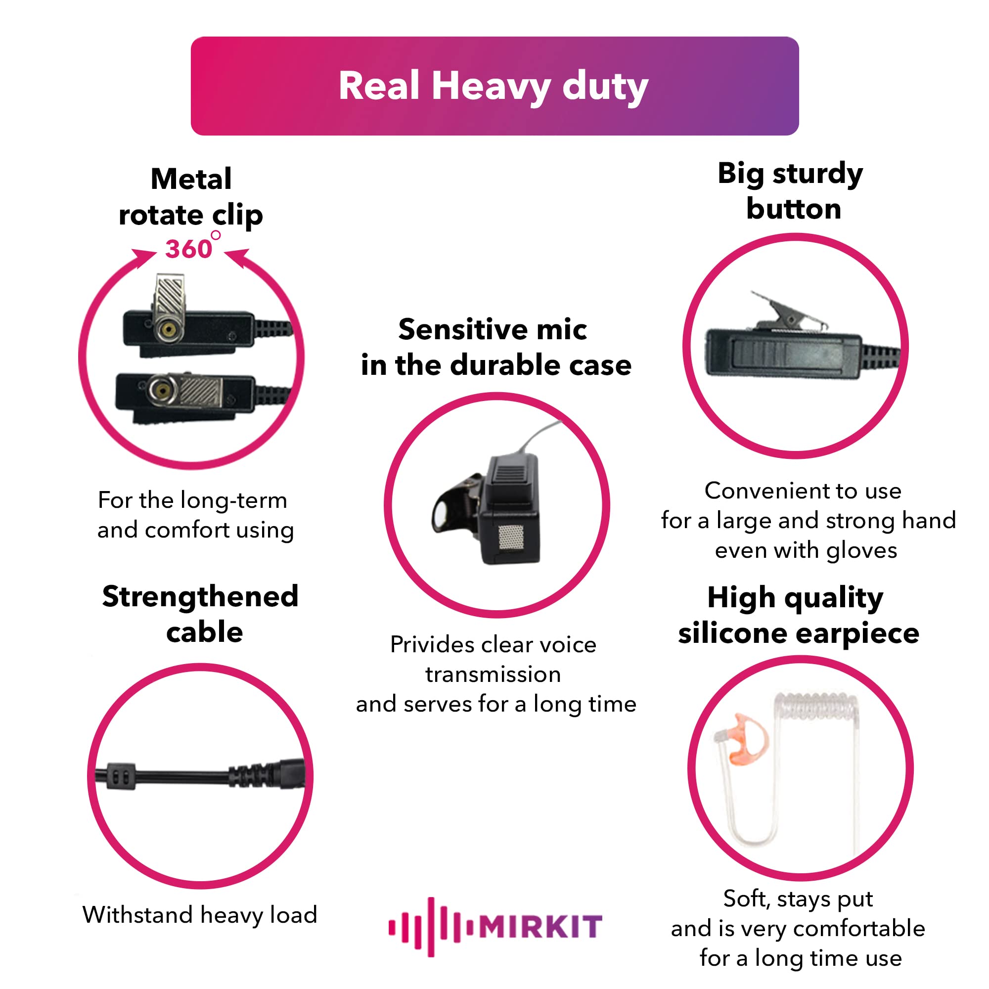 Mirkit Heavy Duty Earpiece Headset Mic With K2 Pin Compatible With Baofeng Bf F8Hp, Uv 82L, Uv 5R, Bf F8Hp, Uv 5R Mk 3/4/5, Uv 82 Mk 3/4/5. Acoustic Tube Earpiece With Push To Talk Microphone