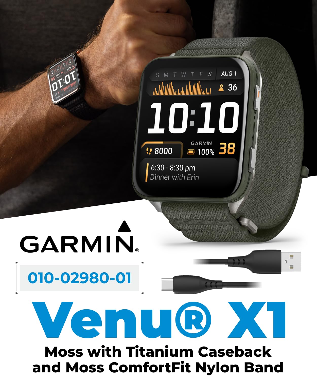 Wearable4U Garmin Venu X1 Thin And Lightweight Gps Smartwatch, Amoled Display, Moss With Titanium Caseback And Moss Comfortfit N