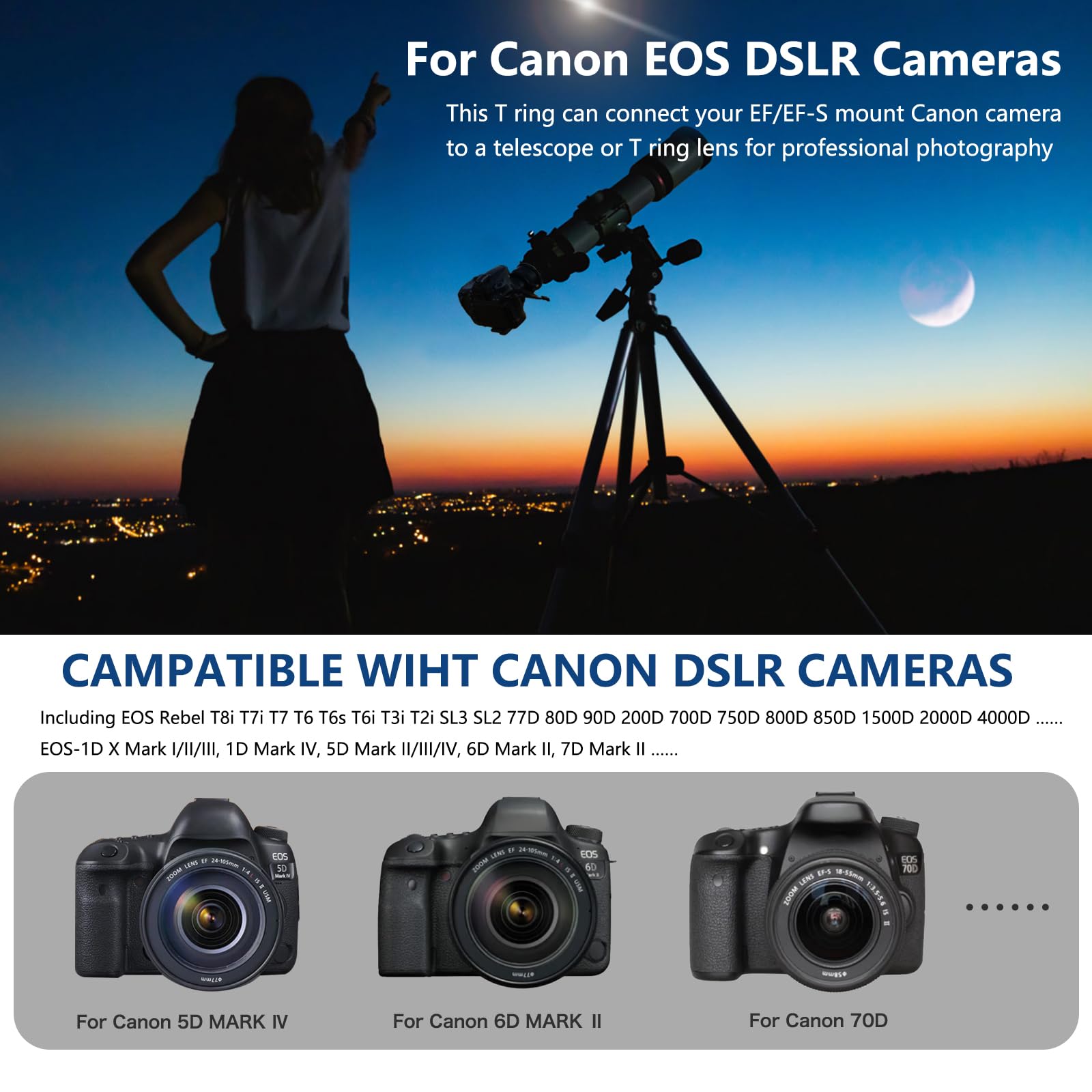 Lightdow T/T2 Mount Lens Adapter Ring For Canon Eos Rebel T3 T3I T4I T5 T5I T6 T6I T6S T7 T7I Sl1 Sl2 6D 7D 7D 60D 70D 77D 80D 5D Ii/Iii/Iv Dslr Camera