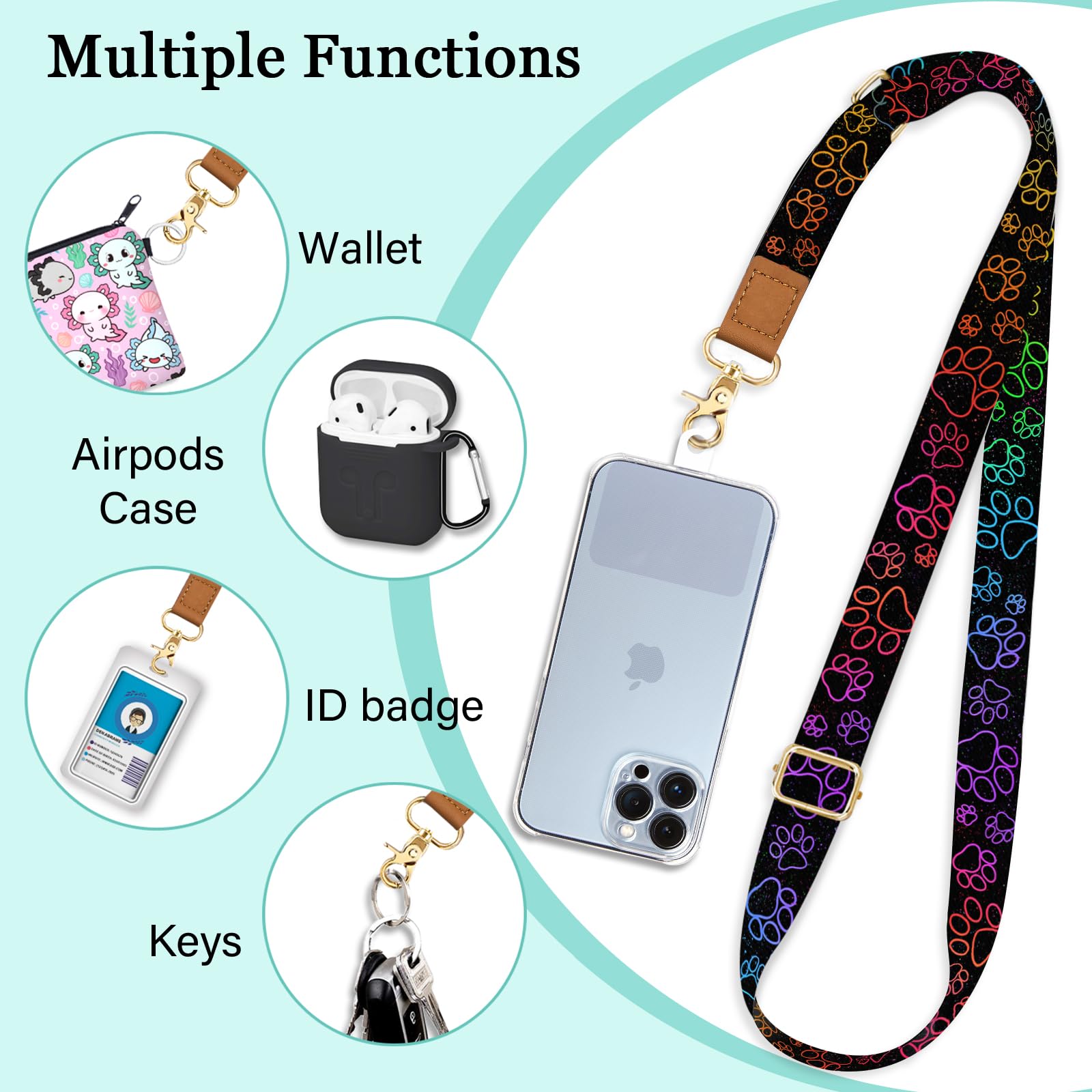 Piefly Phone Lanyard Crossbody Wrist Strap, Cute Cat Dog Paw Cell Phone Lanyards For Around The Neck Wristlet Shoulder, Adjustab
