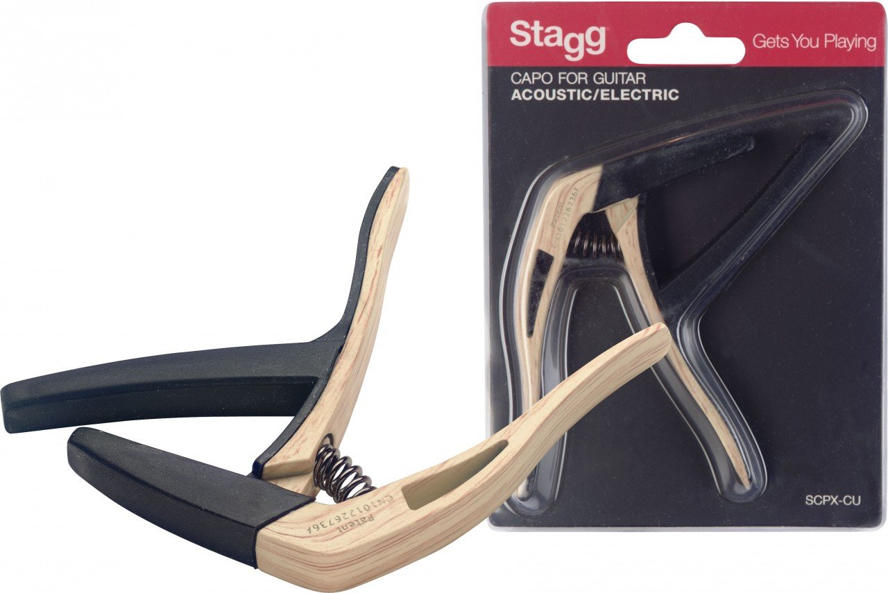 Stagg ScpxCu Clwood Curved Trigger Capo For Acoustic Or Electric Guitar  Light Wood
