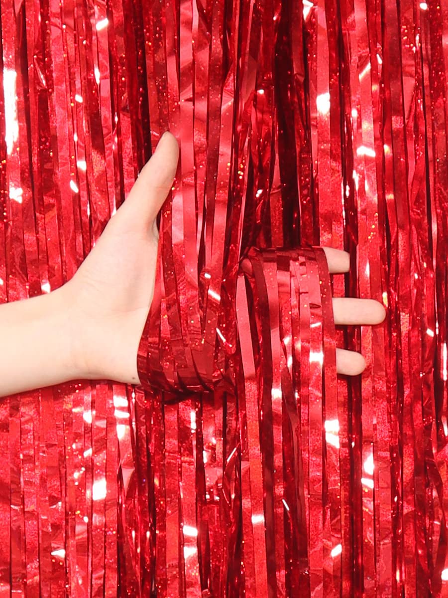 Yeson Red Foil Fringe Curtains Metallic Tinsel Shimmer Curtain Party Backdrop Decorations,Pack Of 4