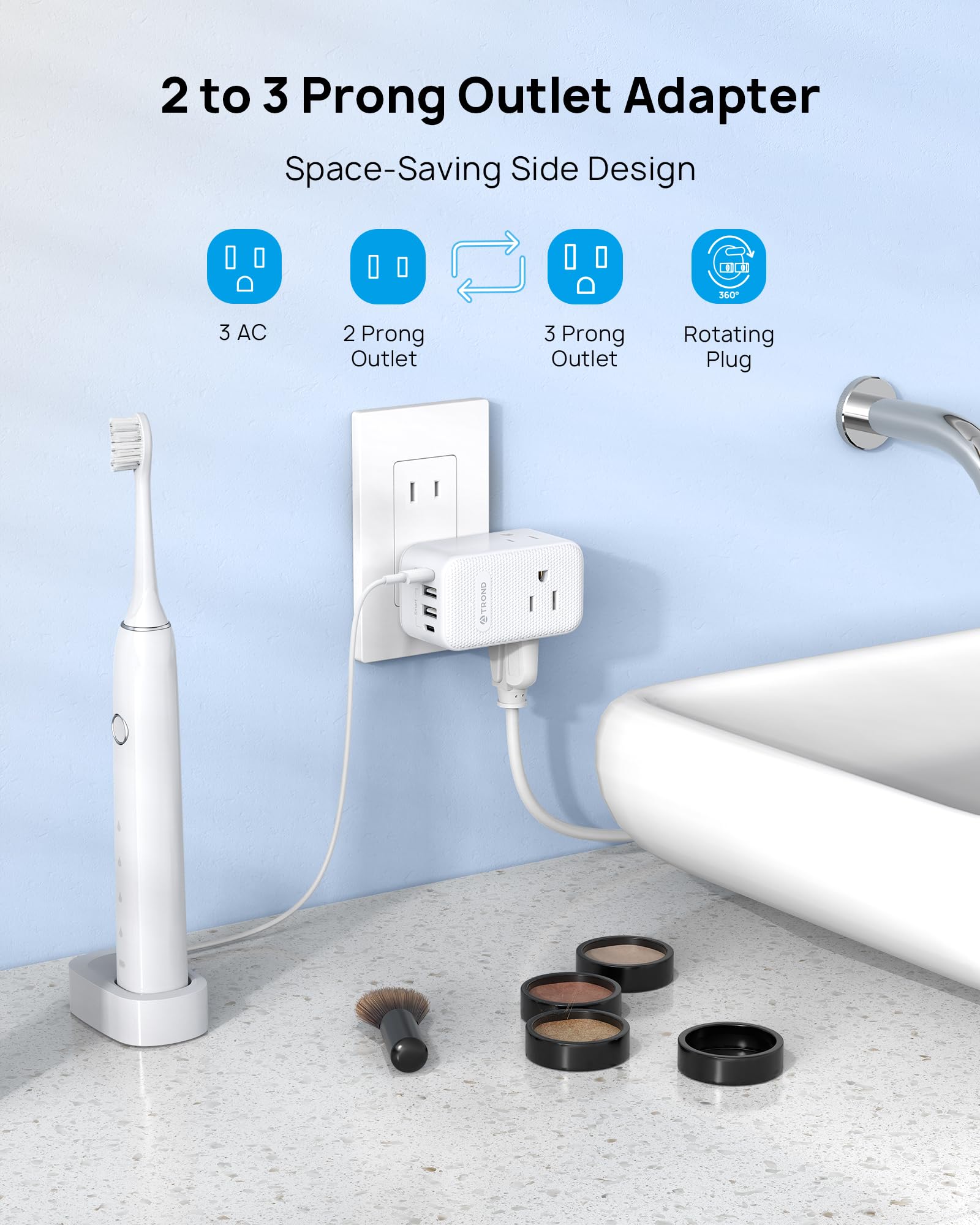 Trond 2 Prong To 3 Prong Outlet Adapter With 360 Rotating Plug, 3 Ac Power Splitter With Usb C Pd20W, Travel Plug Adapter For Us